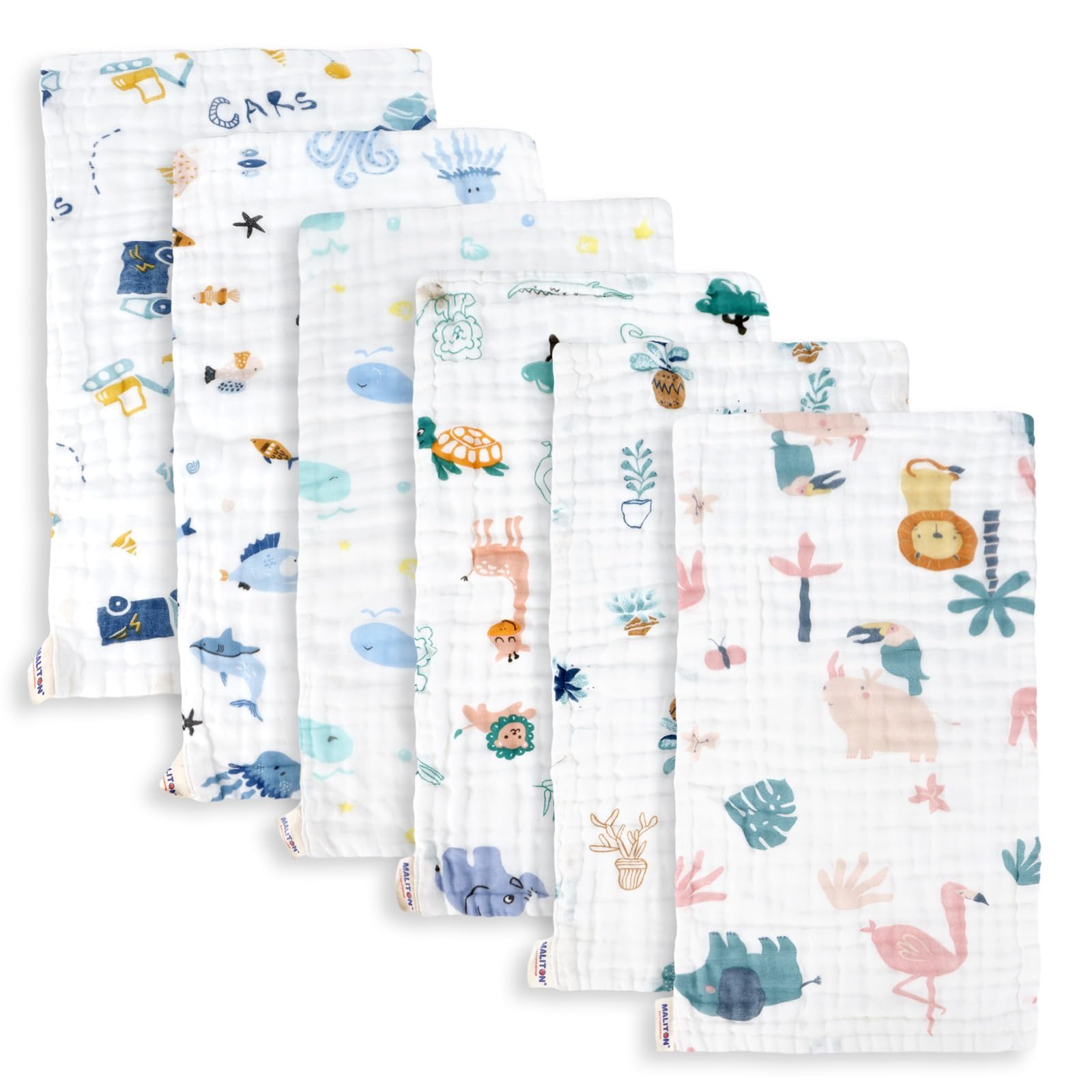 Maliton Muslin Baby Burp Cloths 6 Pack Large 20''x10'' 100% Cotton Burp Rags Absorbent and Soft 6 Layers Muslin Cloth Baby Essentials for Newborn(Animals and Cars, Pack of 6)