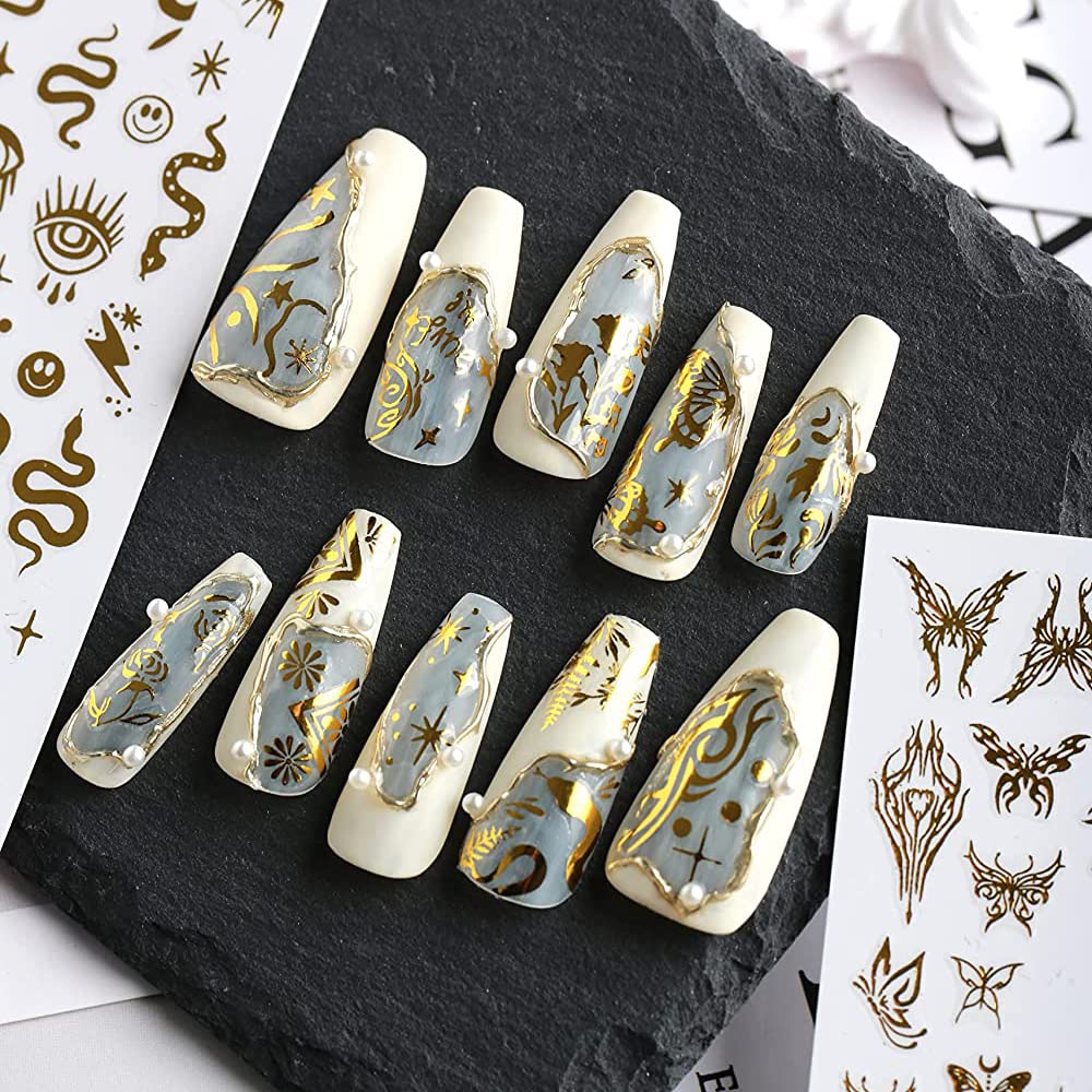 8 Sheets Gold Snake Nail Stickers 3D Bronzing Rose Eyes Heart Nail Art Decorations Self-Adhesive Stickers for Acrylic Nail Art Decals Women Nail Accessories Nail Supplies