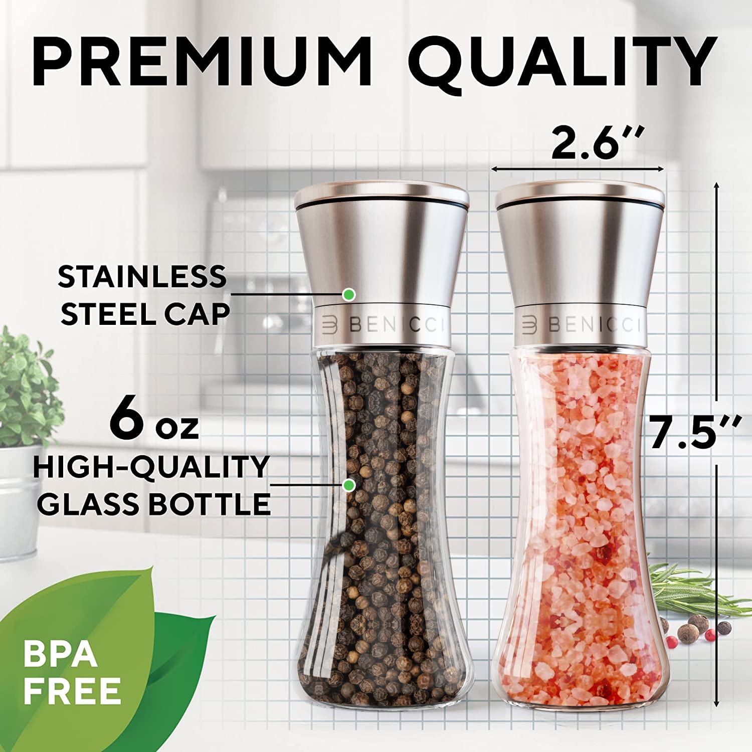 Premium Salt and Pepper Grinder Set of 2 - Two Refillable, Stainless Steel Sea & Spice Shakers with Adjustable Coarse Mills Easy Clean Ceramic Grinders w/BONUS Silicone Funnel Cleaning Brush