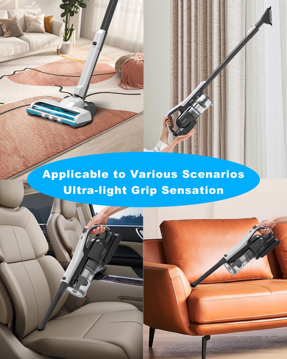 Prisvacs Cordless Vacuum Cleaner, 25 Kpa Ultra-Lightweight Stick Vacuum with Anti-Tangle Floor Brush, 250 W Brushless Motor, 2500 mAh Fast Charging Battery for Pet Hair Floor Carpet Stair Car