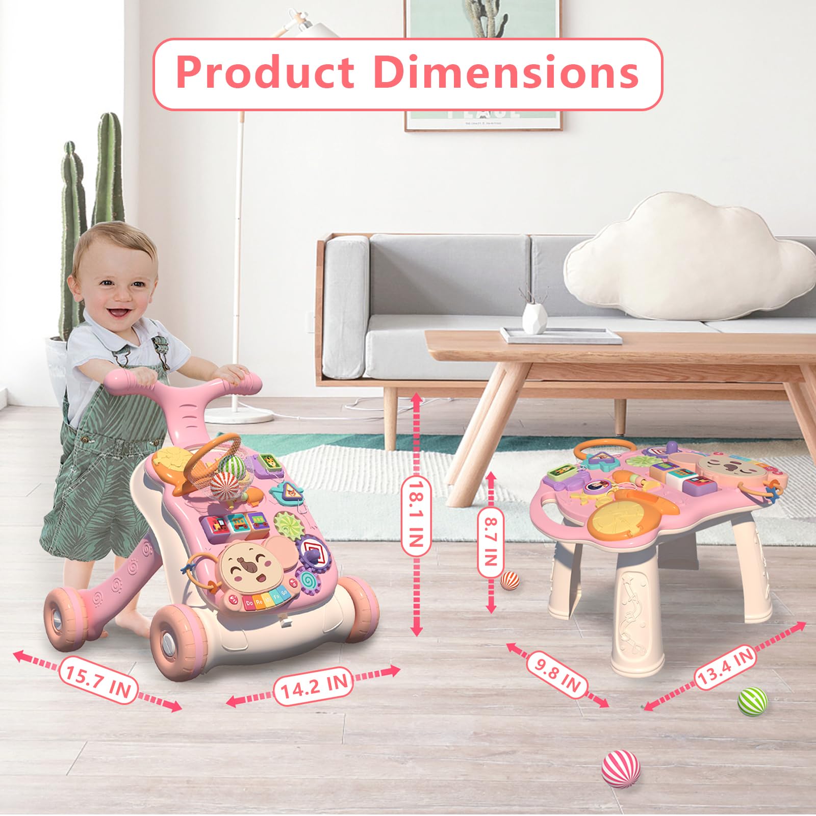 QDRAGON 3 in 1 Baby Walker and Activity Center for Baby Girl,Toddler, Learning to Walk, Sit to Stand, Early Learning Push Toys for Infant 6-12 Months Pink