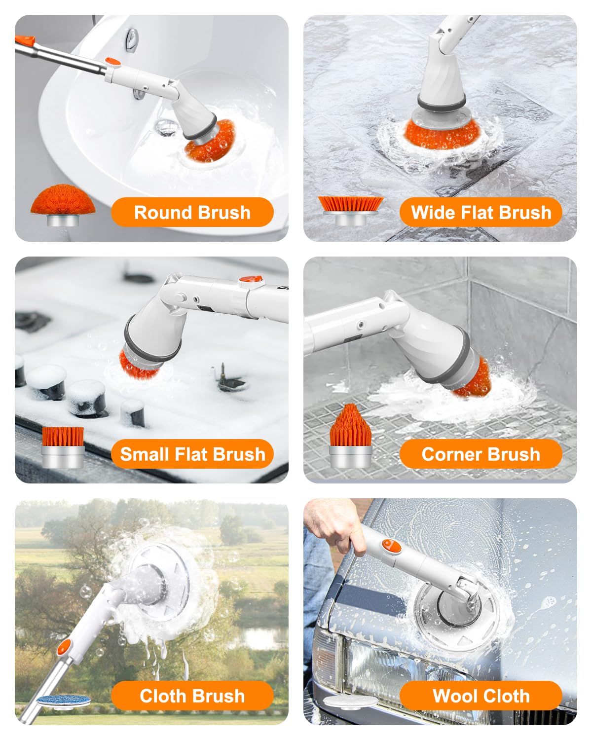 Electric Spin Scrubber - Cordless Spin Scrubber for Cleaning, Power Scrubber for Bathroom with 6 Replaceable Brush Heads & Adjustable Extension Handle, Electric Cleaning Brush for Tub, Car, Floor