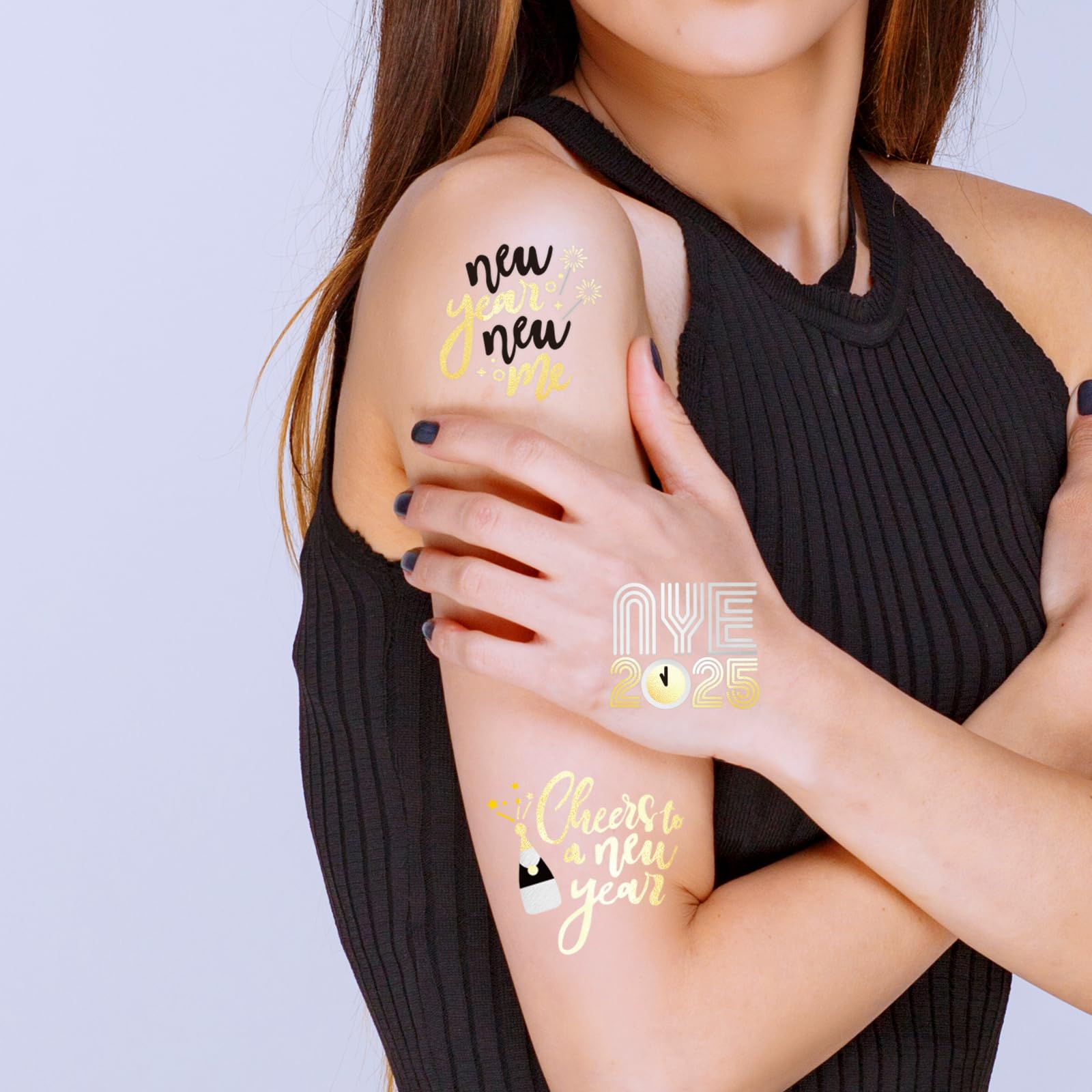 AOYOO New Years Eve Party Supplies 2025 Temporary Tattoos - 40 Glitter Styles, Black and Metallic Gold Tattoos, NYE Party Favors, Happy New Year Decorations, NYE 2025 Decor