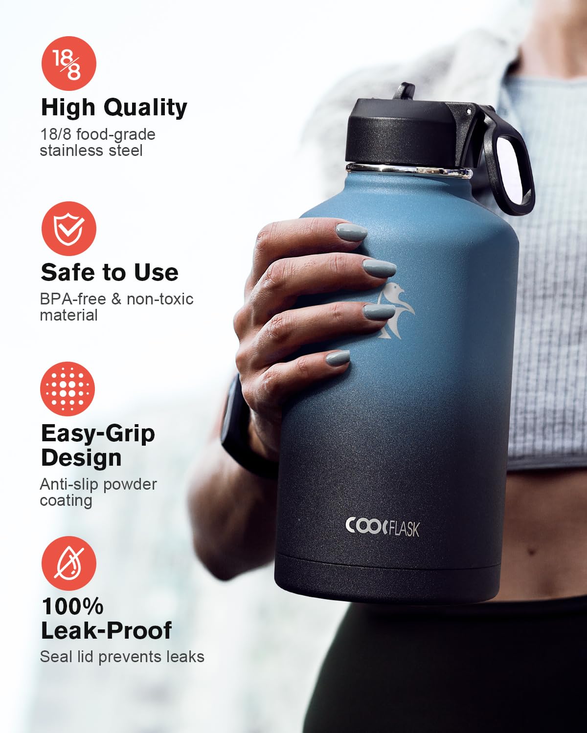 Half Gallon Water Bottle Insulated with Straw & 3 Lids, Coolflask 64 oz Water Jug Large Metal Stainless Steel Wide Mouth for Sports, Gym or Office, Non-BPA Keep Cold 48H Hot 24H, Samurai Cyan