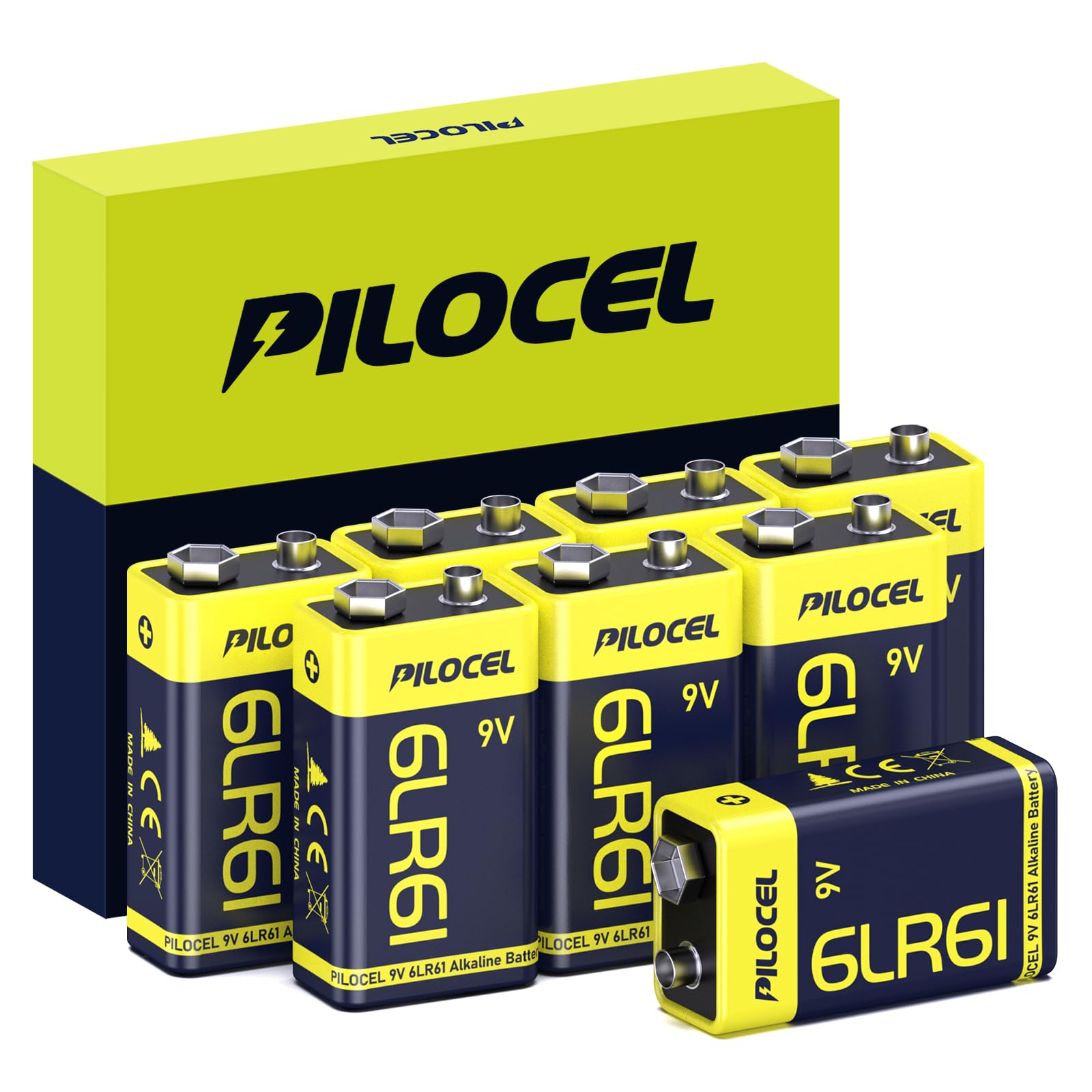 PILOCEL 9V Batteries, 9 Volt Alkaline Battery, Long-Lasting 9V Battery for Smoke Detector, 10-Year Shelf Life, 8 Pack, 9V-6LR61 8PC