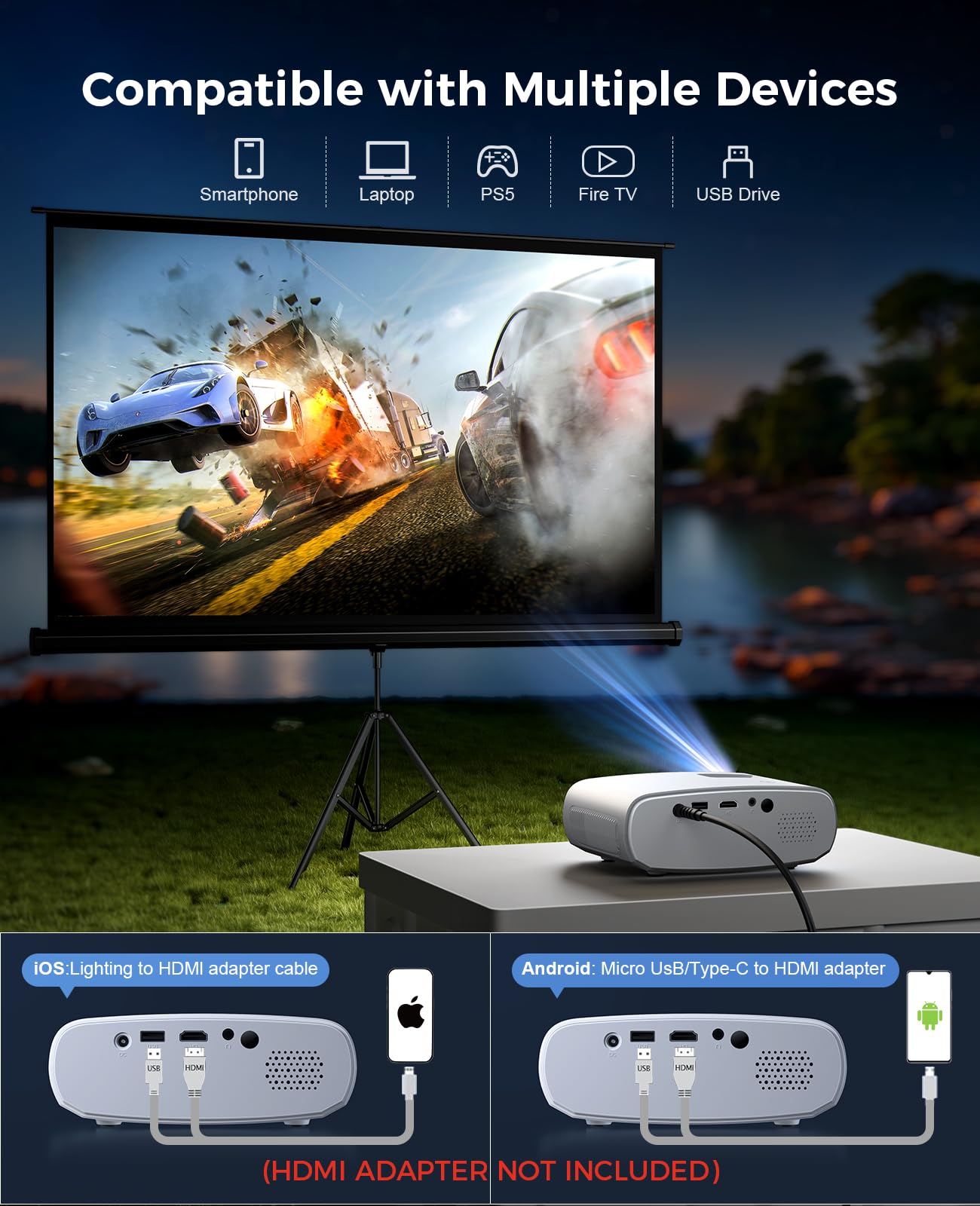 Mini Projector for iPhone, ELEPHAS 2024 Upgraded 1080P HD Projector, 8000L Portable Projector with Tripod, Movie Projector Compatible with Android/iOS/Windows/TV Stick/HDMI/USB