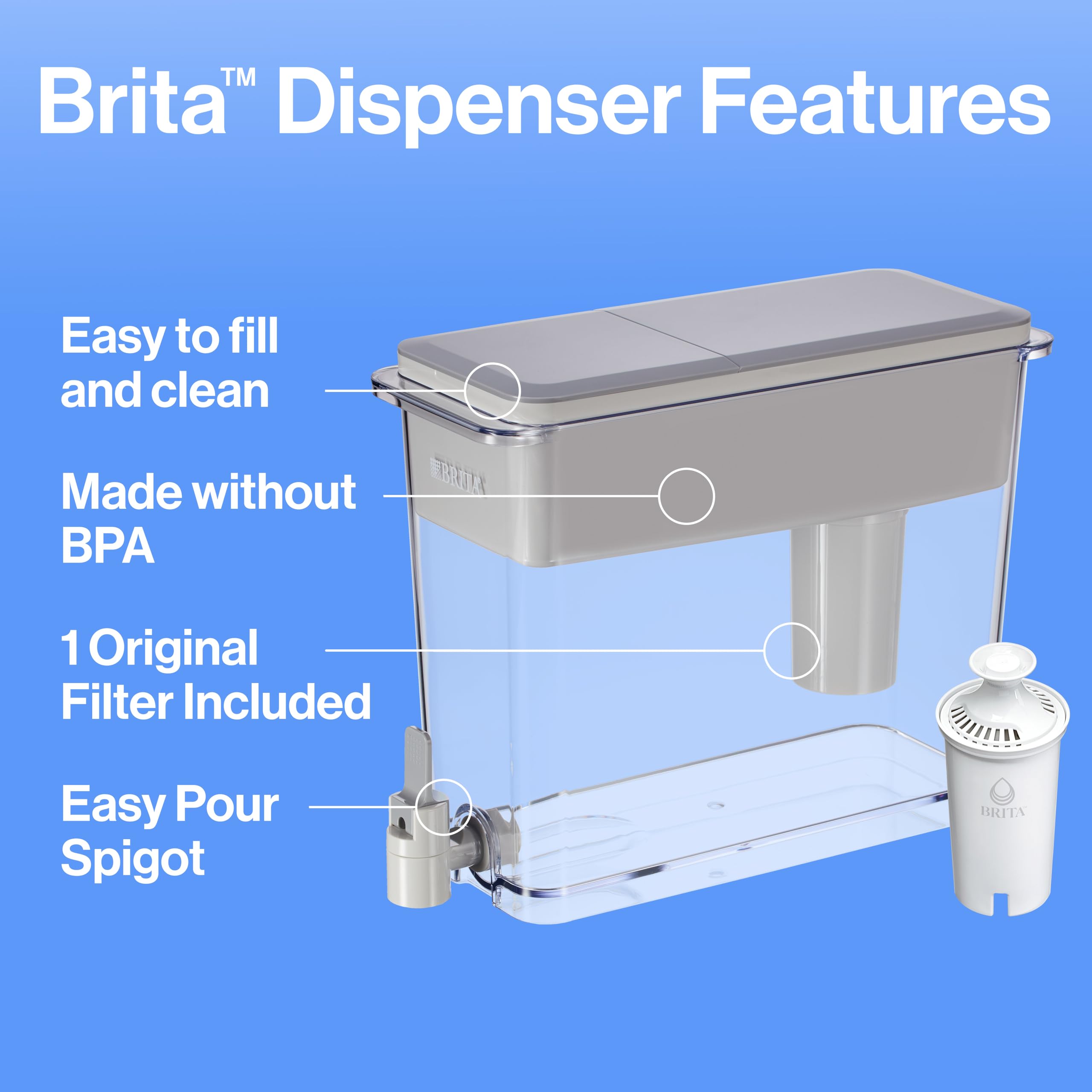 Brita UltraMax Large Water Dispenser With Standard Filter, BPA-Free, Replaces 1,800 Plastic Water Bottles a Year, Lasts Two Months or 40 Gallons, Includes 1 Filter, Kitchen Accessories, Large - 27-Cup