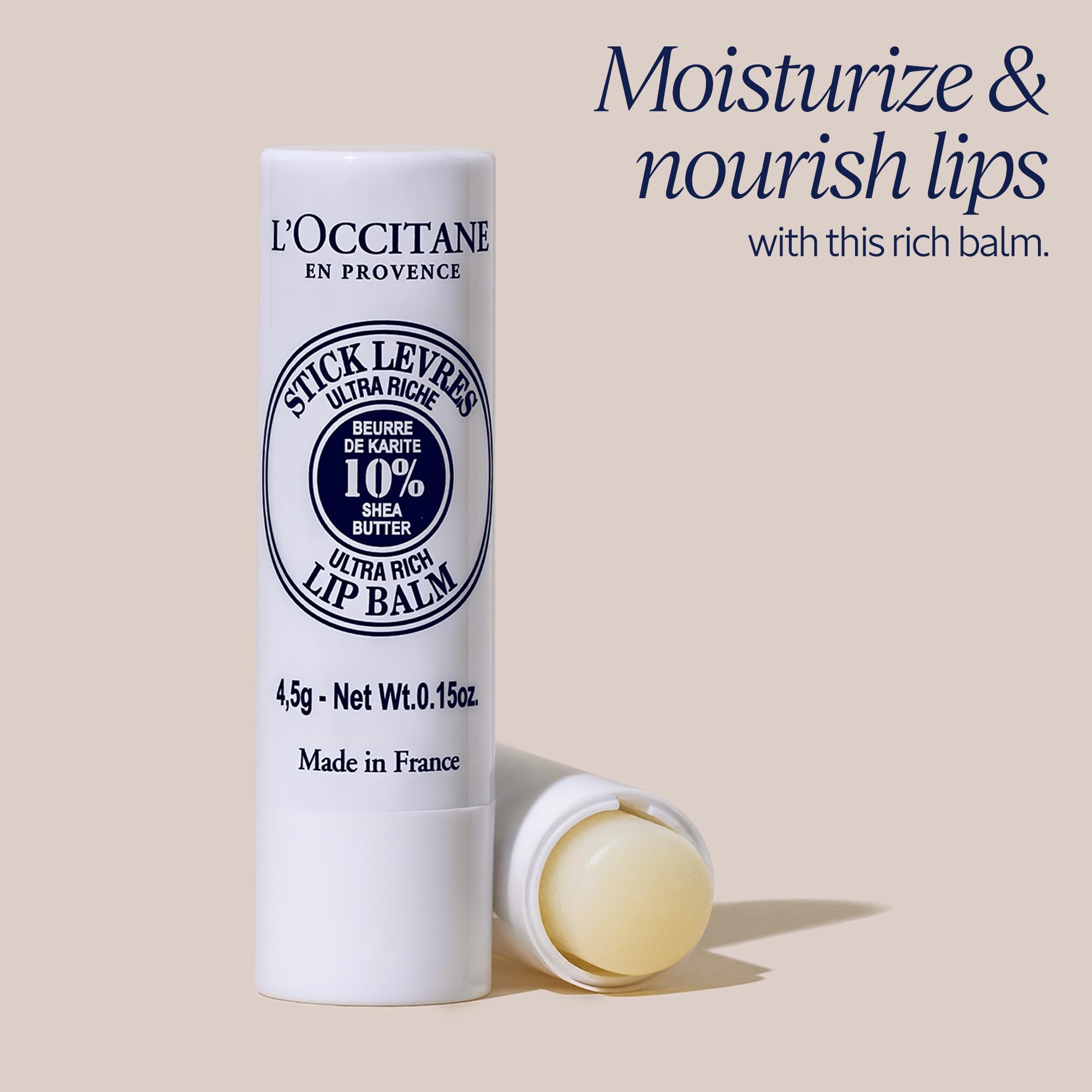 L'OCCITANE Ultra-Rich 10% Shea Butter Nourishing Lip Balm Stick: Moisturize Dry Lips, Twist Up, Softening, With Beeswax and Castor Oil, Silicone-Free