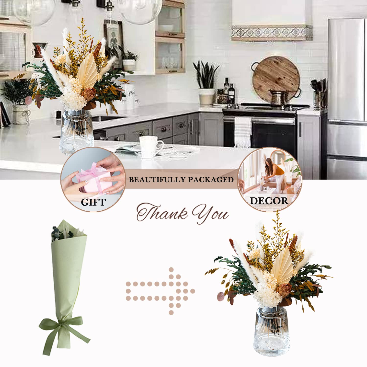 Natural Dried Flower Bouquet - Pampas Grass Decor, Fall Flower Arrangements with Eucalyptus, Palm, Preserved Plants, Rustic Western Floral for Table Centerpiece, Bohemia Home Wedding Decoration