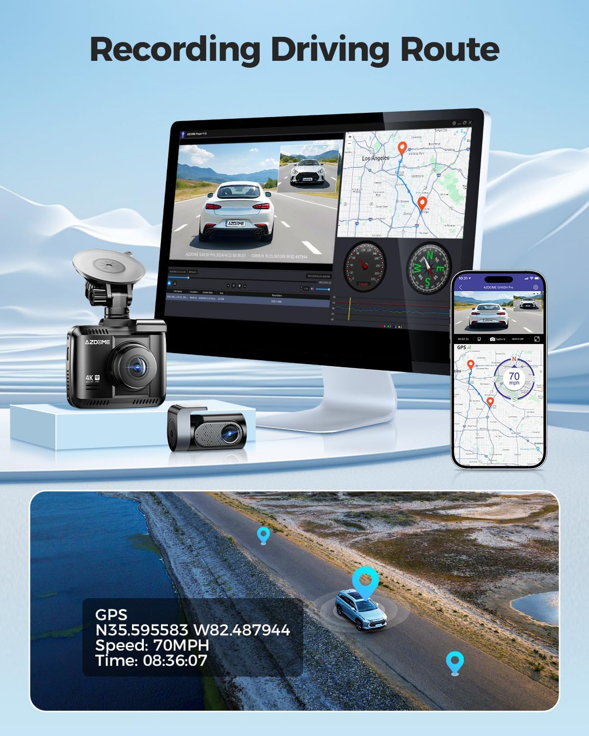 AZDOME 4K Dash Cam Front and Rear, 2160P Car Camera for Car, 64GB Card Included, WiFi Dash Cam with GPS and Speed, 2.4" Screen Dashcam with WDR Night Vision Motion Detection 24H Parking Mode GS63H Pro