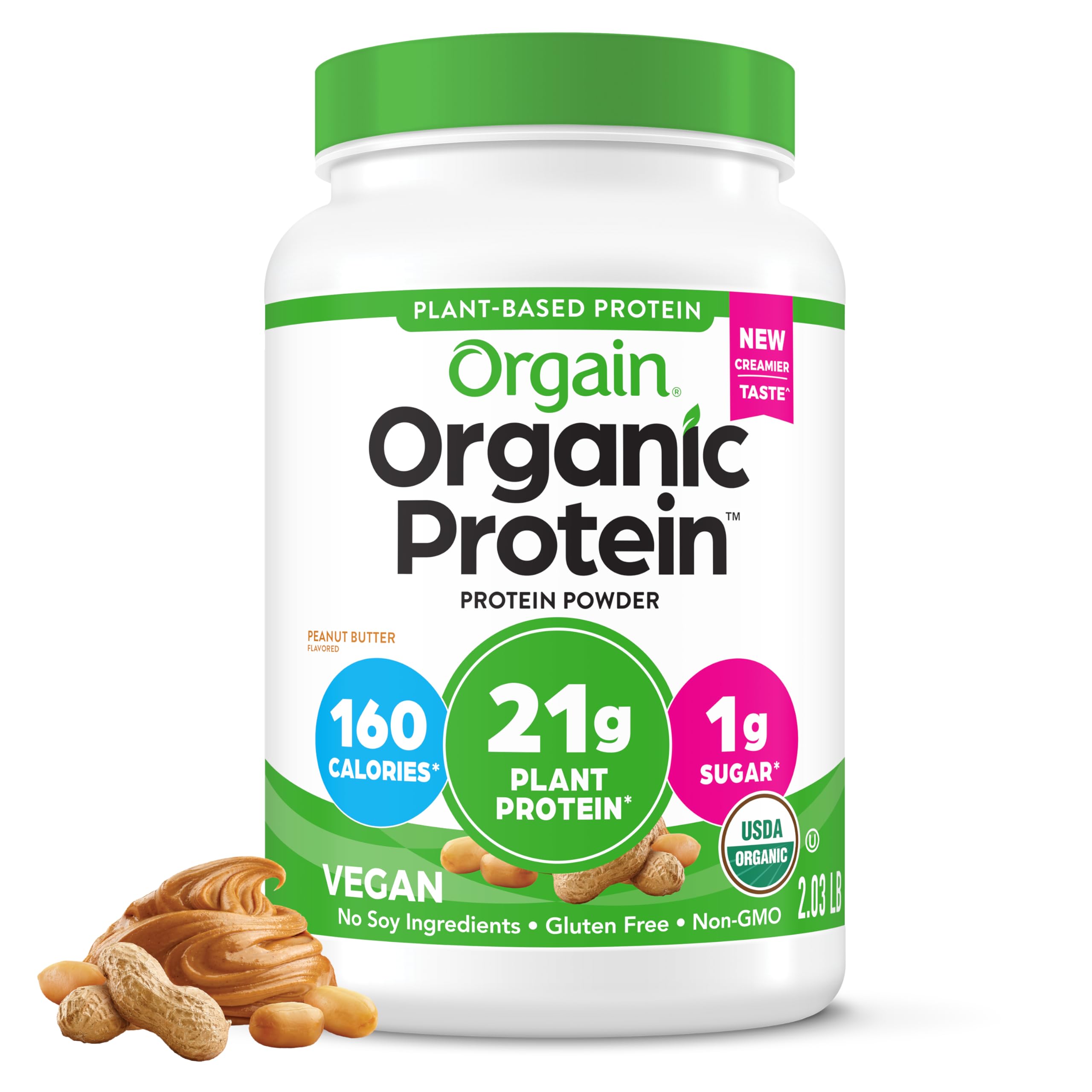 Orgain Organic Vegan Protein Powder, Peanut Butter - 21g Plant Based Protein, 7g Prebiotic Fiber, No Lactose Ingredients, No Added Sugar, Non-GMO, For Shakes & Smoothies, 2.03 lb (Packaging May Vary)