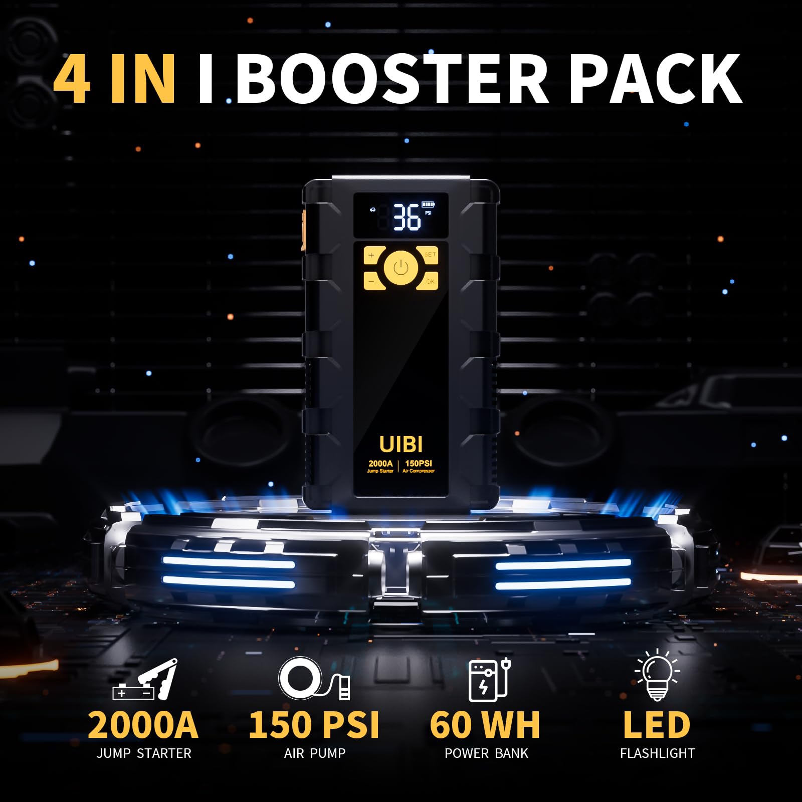 UIBI X5 Car Jump Starter with Air Compressor, 2000A Car Battery Jump Starter with 150PSI Tire Inflator Portable, Battery Jumper Starter, Jump Box for 8.0L Gas or 6.0L Diesel Vehicles.