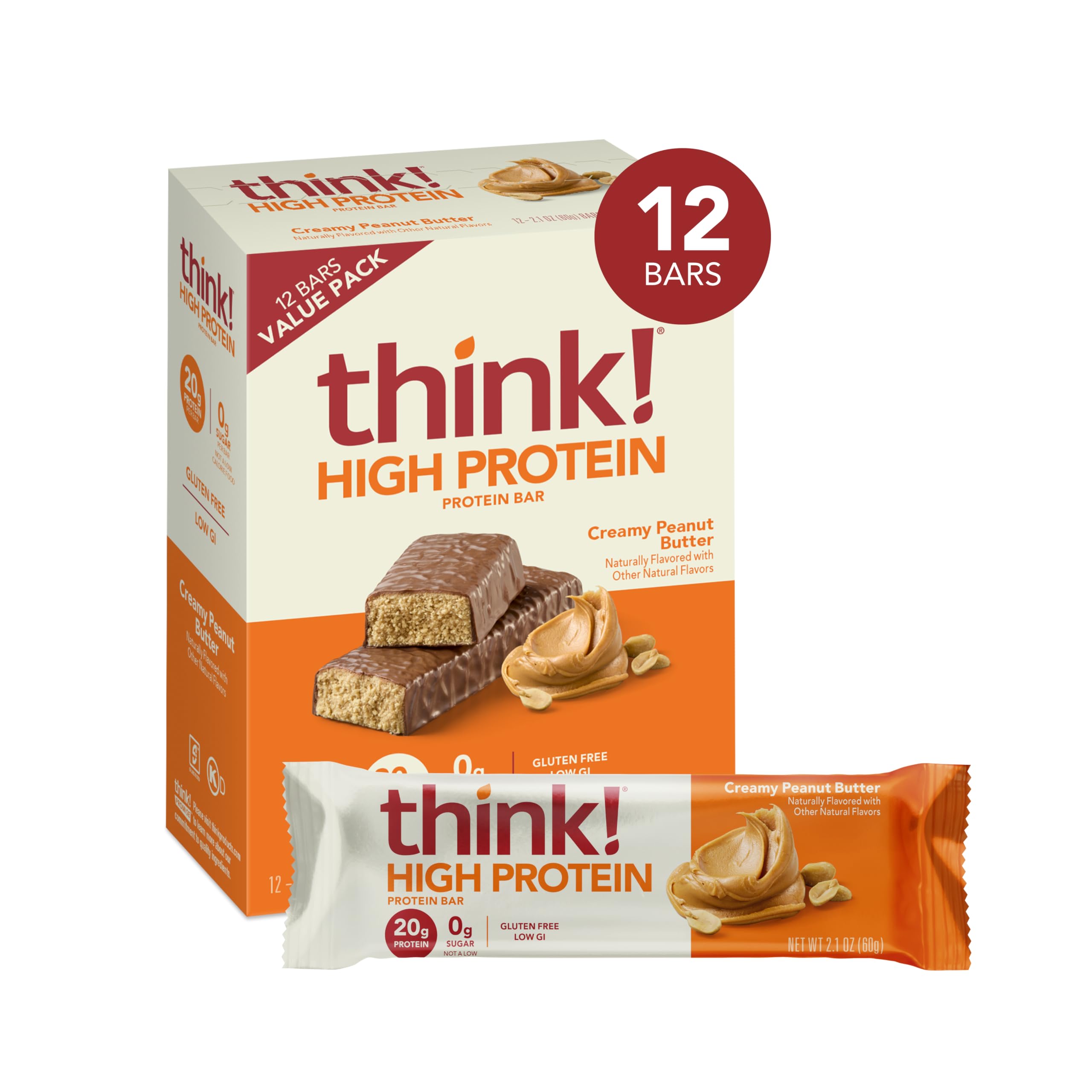 think! Protein Bars, High Protein Snacks, Gluten Free, Kosher Friendly, Creamy Peanut Butter, Nutrition Bars, 2.1 Oz per Bar, 12 Count (Packaging May Vary)