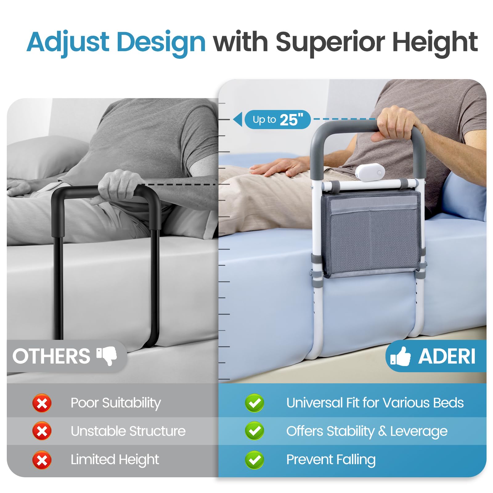 ADERI Adjustable Bed Rails for Elderly Adults with Night Light & Bag, Bed Assist Rail with Double Crossbar, Bed Railings Protects Seniors from Falling