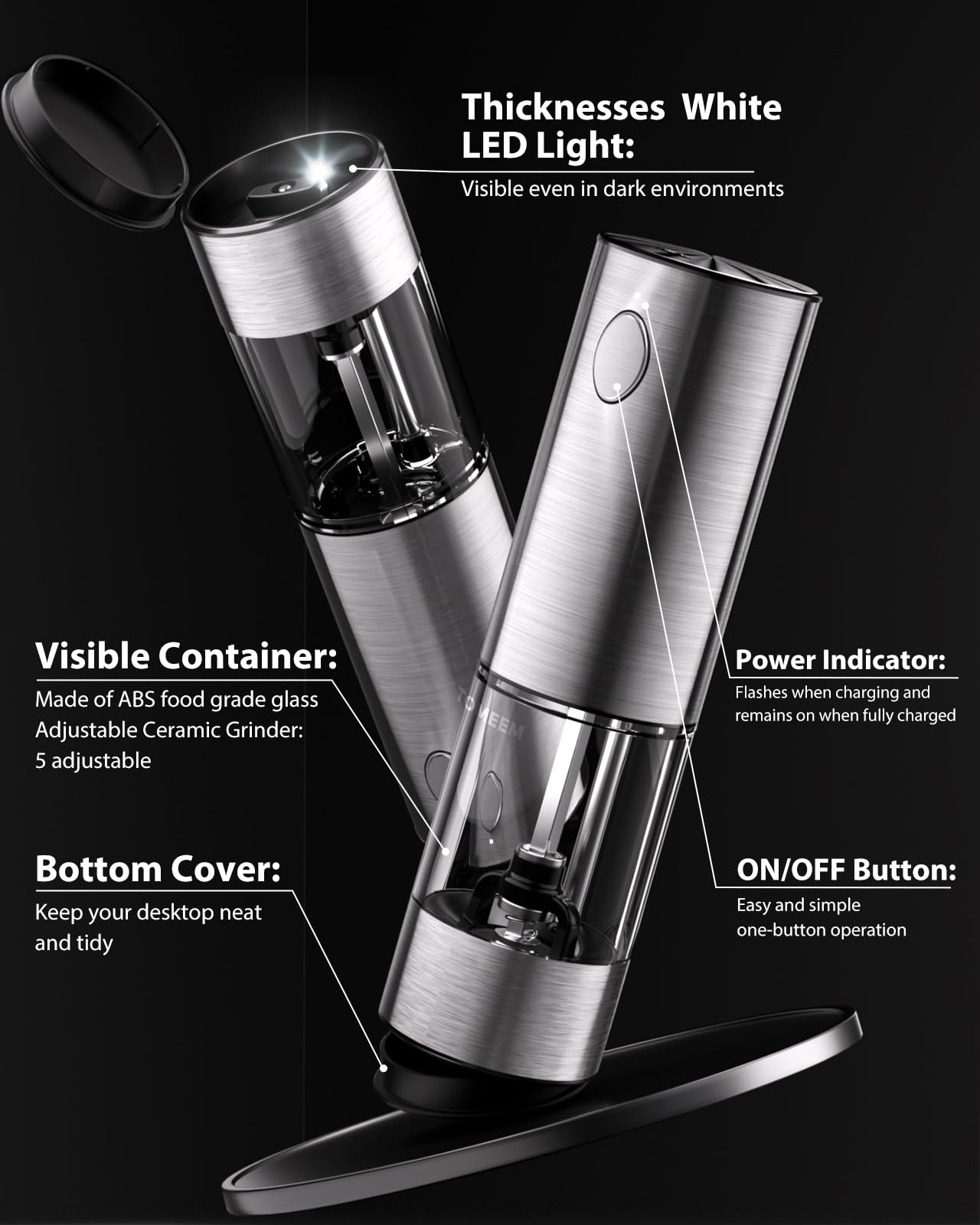 Upgraded Larger Capacity Electric Salt and Pepper Grinder Set Rechargeable with LED lights, Stainless Steel Automatic Pepper and Salt Grinder Refillable with 5 Adjustable Coarseness