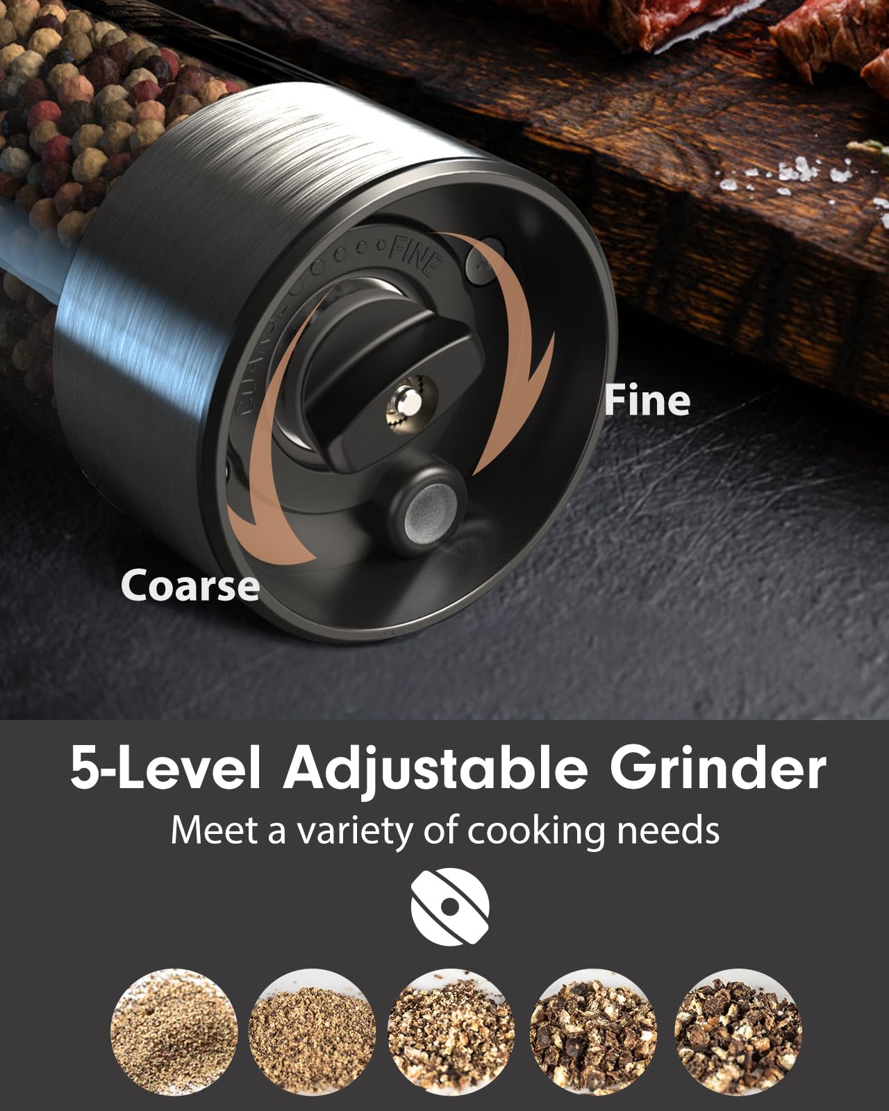 Upgraded Larger Capacity Electric Salt and Pepper Grinder Set Rechargeable with LED lights, Stainless Steel Automatic Pepper and Salt Grinder Refillable with 5 Adjustable Coarseness