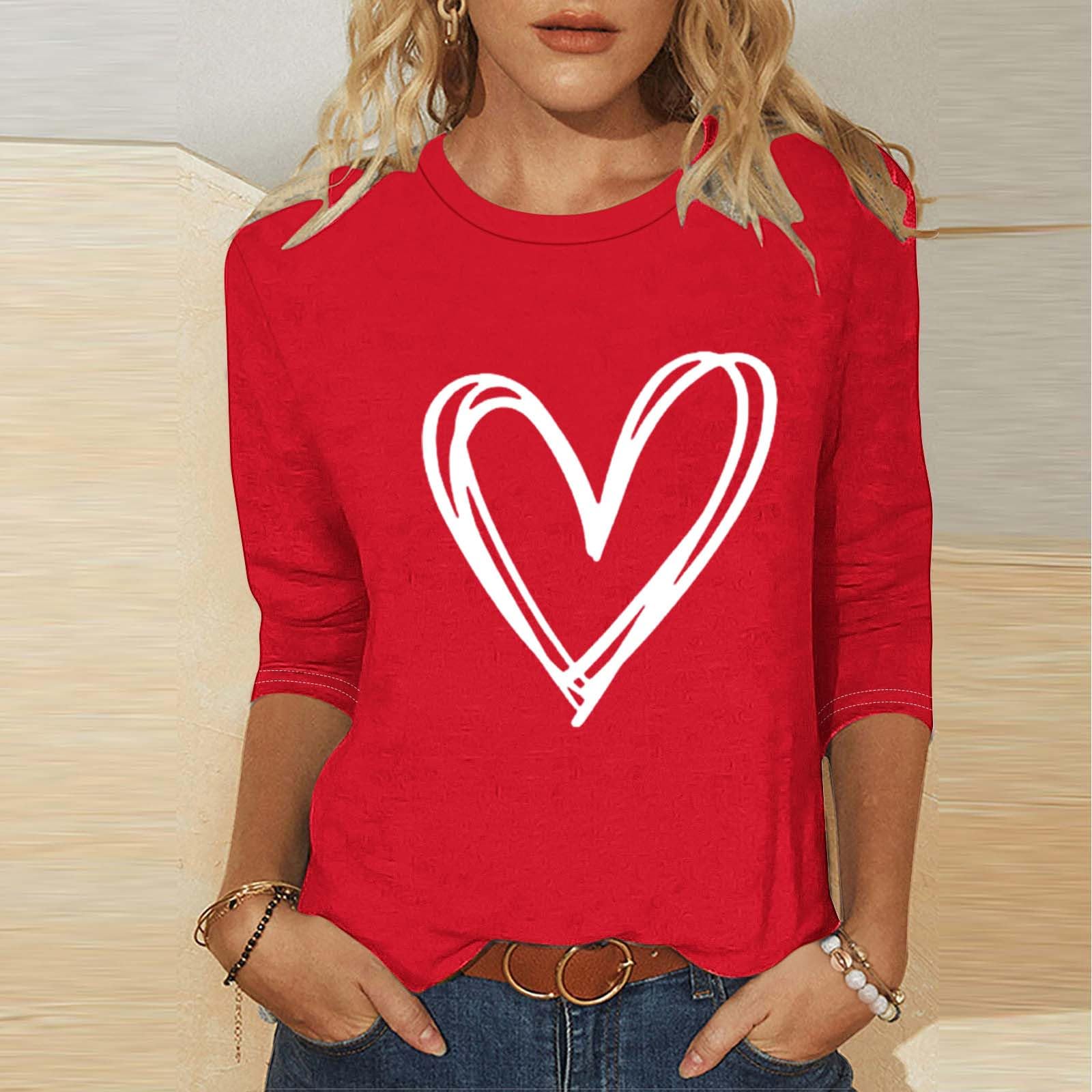 Warehouse Amazon Warehouse Deals Valentines Shirts for Women Trendy 2025 Cute Love Heart Print Tunic Tops Plus Size Casual Summer 3/4 Sleeve Blouses Valentines Day Tshirts L