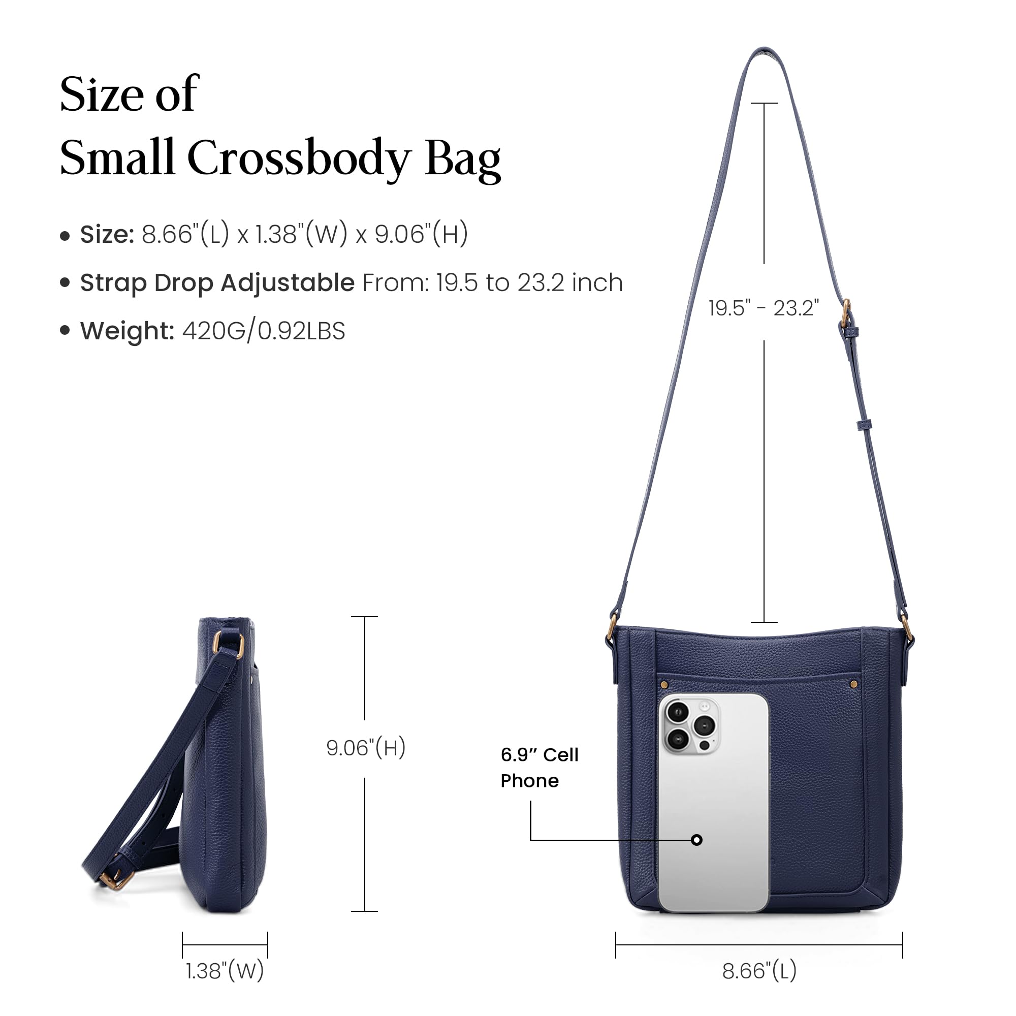 befen Genuine Leather Small Crossbody Bags for Women, Ladies Leather Purses Shoulder Bag Handbags with RFID Card Slots for Daily & Travel Navy Blue