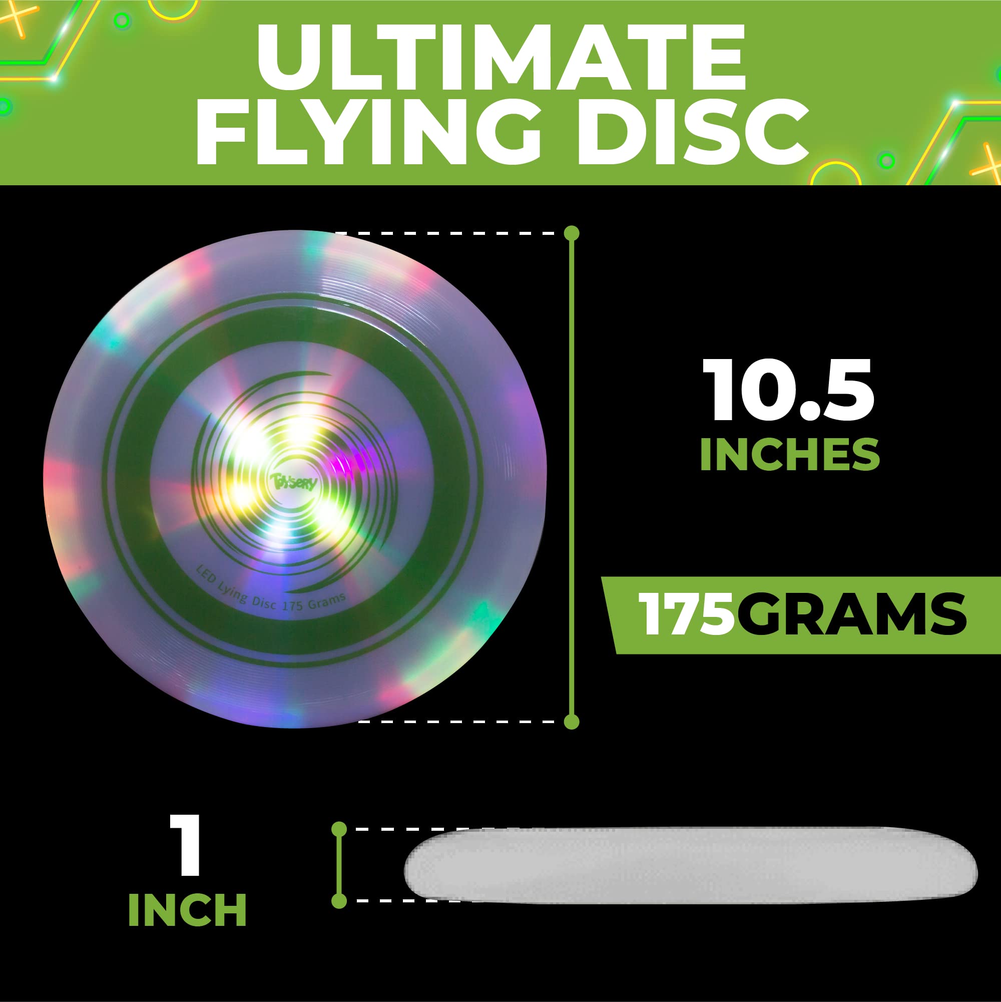 Toysery Flying Disc - LED Light Up Frisbee, Glow in The Dark, Easy to Use, Ideal Camping Game, Fun Outdoor/Indoor Birthday Toys for Boys/Girls/Kids/Adults, 175g