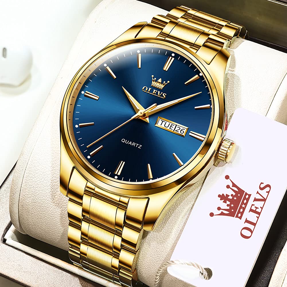 OLEVS Gold Steel Watches for Men,Day Date Watches Men Gold,Mens Watch Blue Dial,Gold Watch Men with Day,Mens Watch,Dress Waterproof Men Watches,Luminous Men Watch,Classic Watch for Men