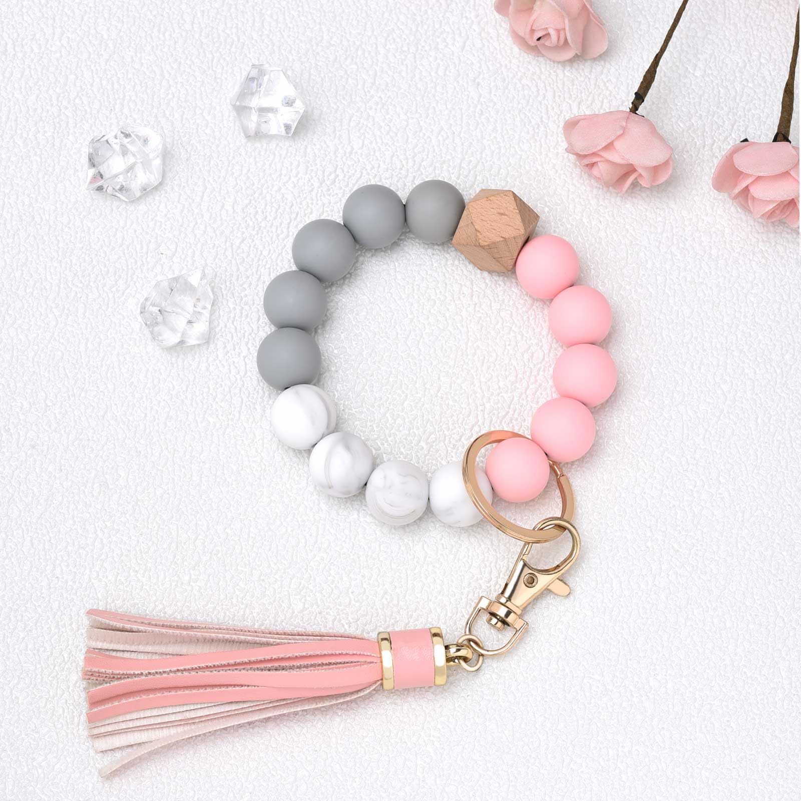 BAOSIWA Silicone Beaded Bracelet Keychain Wristlet Key Ring Pink Bangle Chains for Women Girls with Leather Tassel