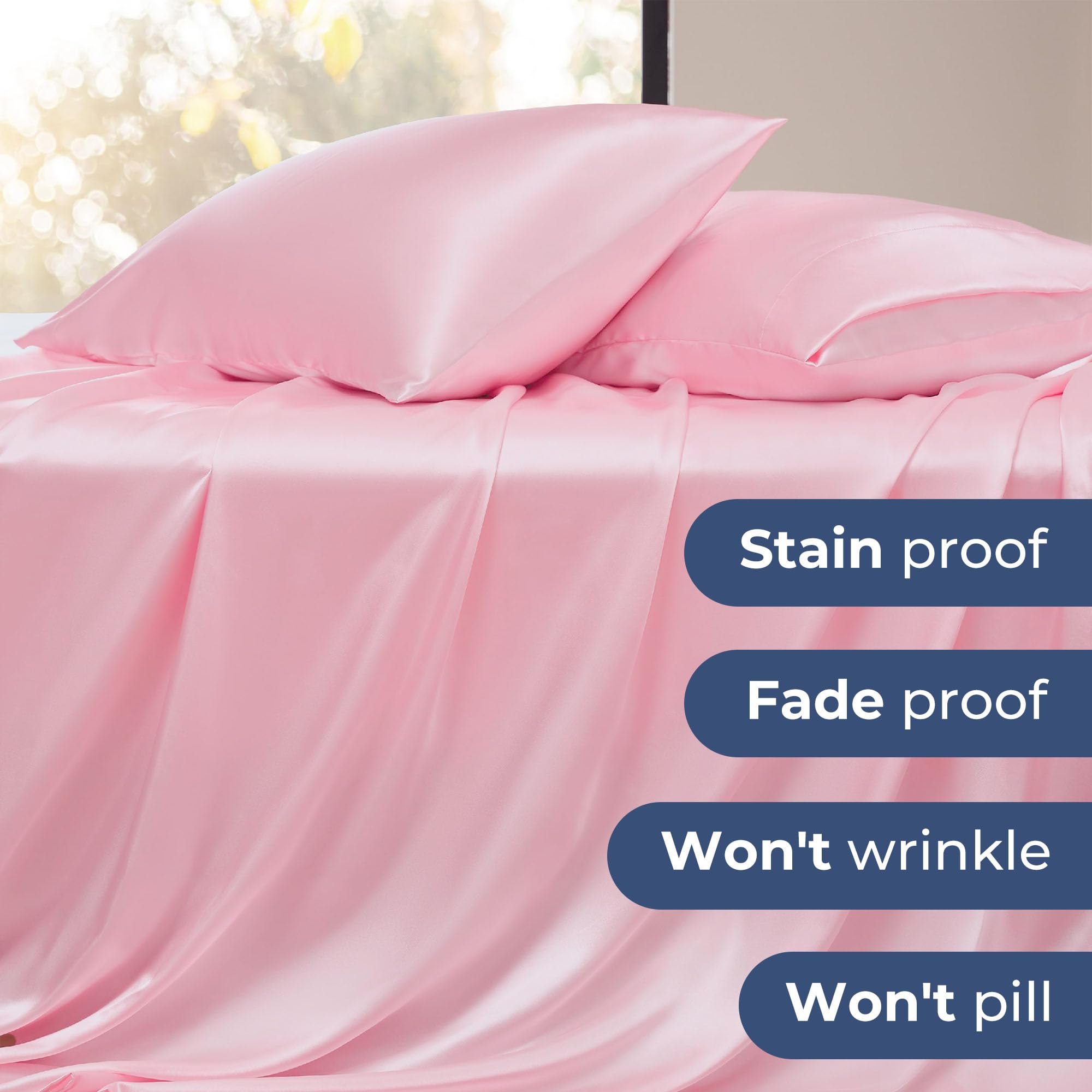 Seasonwood Twin Size Sheet Set Satin Sheets Pink Microfiber Silk Bed Set of 3 with 1 Pillowcase