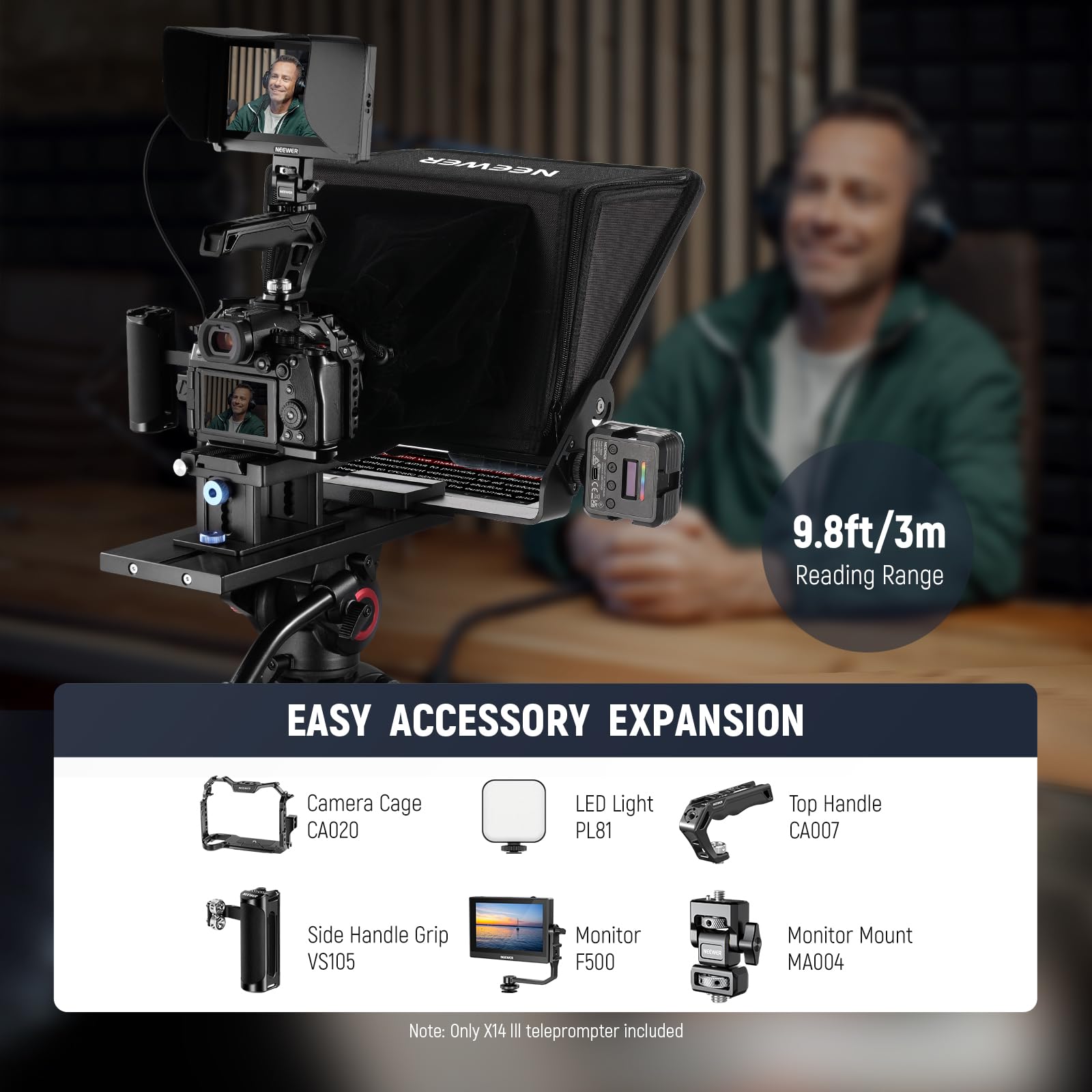 Neewer Teleprompter X14 III with RT113 Remote/App Control, 45° Tilt 14" Beamsplitter All Metal Frame Upgraded Camera Mount QR Plate Compatible with Manfrotto 501PL for iPhone iPad DSLR, Assembly Free