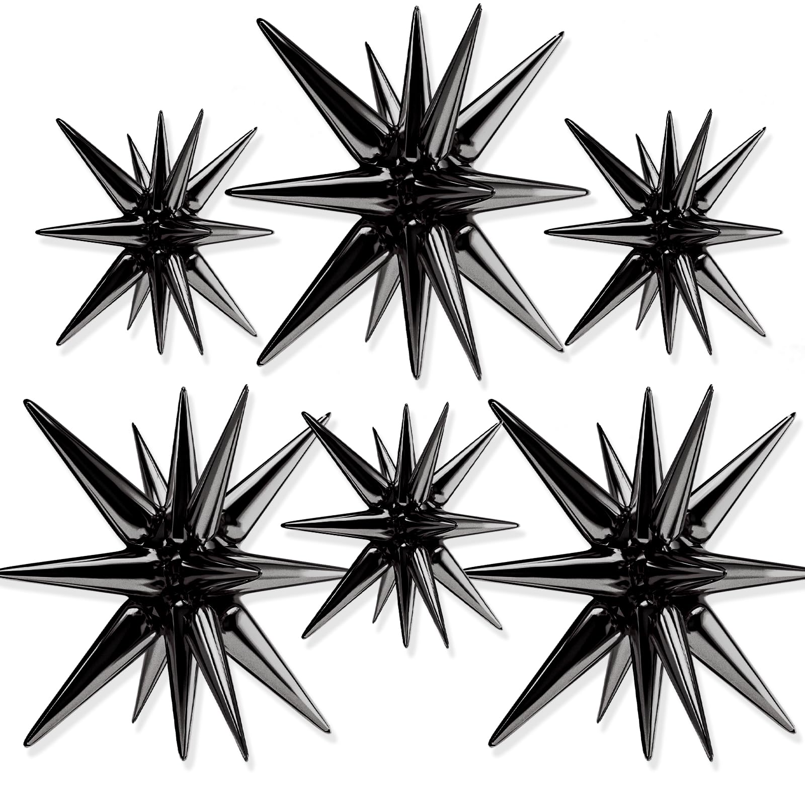 PartyWoo Black Star Foil Balloons 6pcs Different Sizes Pack of 27 22 Inch Large Black Explosion Spike Mylar Balloons for Graduation Birthday Retirement Anniversary Space Theme Party Decorations