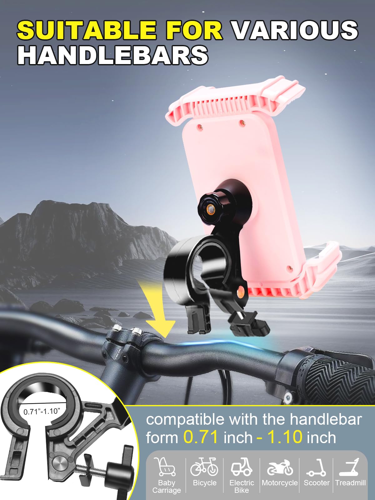 CRUIHOG Bicycle Phone Holder,Motorcycle Handlebar Phone Mount,1S Quick Lock Release,360°Rotation Silicone Wrapped Phone Clamp Stand for E-bike,Scooter ATV Strollers Bike Phone Clip,for 4.7- 6.8"Phones