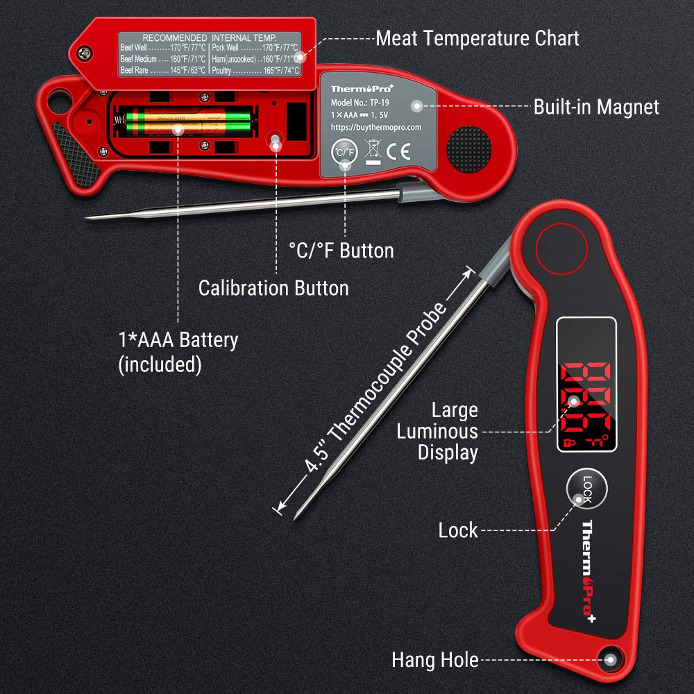 ThermoPro TP19 Waterproof Digital Meat Thermometer for Grilling with Ambidextrous Backlit & Thermocouple Instant Read Kitchen Cooking Food Thermometer for Candy Water Oil BBQ Grill Smoker