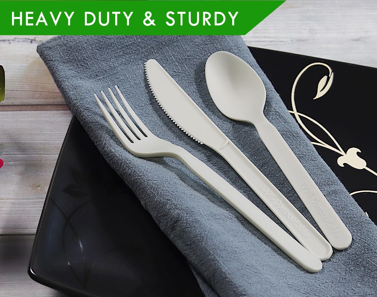 GreenWorks 200 Count Heavy-duty Compostable Forks, BPI Certified Large Disposable Cutlery Flatware Utensils Fork
