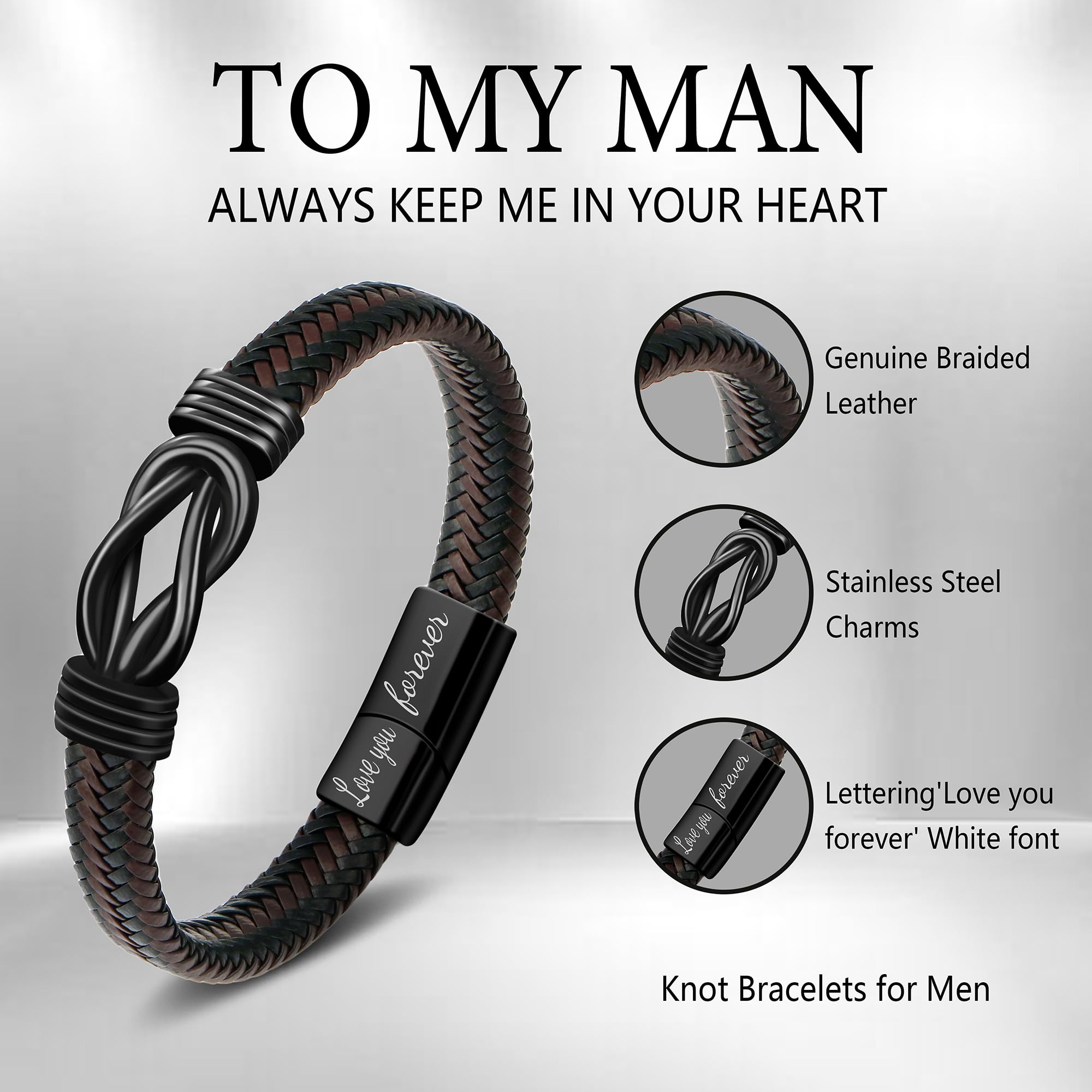 JoycuFF Christmas Ideas Gifts for Boyfriend Husband, Valentines Day Christmas Birthday Gifts for Boyfriend, Anniversary Unique Gifts for Boyfriend, Leather Knot Love You Forever Bracelet for Men