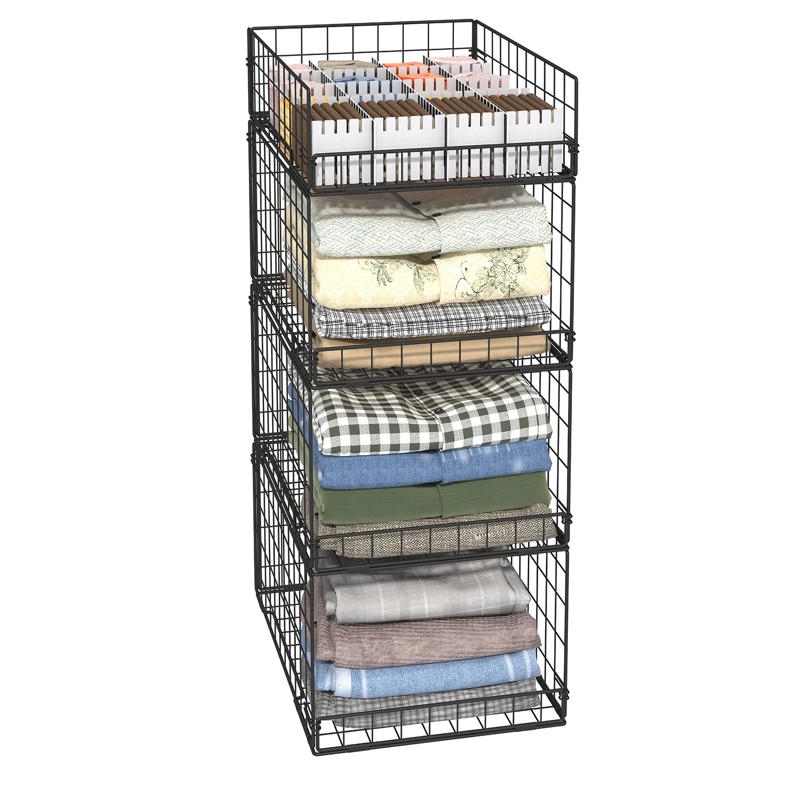 4 Tier Closet Organizers and Storage Shelves for Clothes,4 Pack Stackable Storage Bins Metal Wire Organizer Baskets Containers Drawers with Dividers for Truck Camper RV Closet/Pantries/Wardrobe