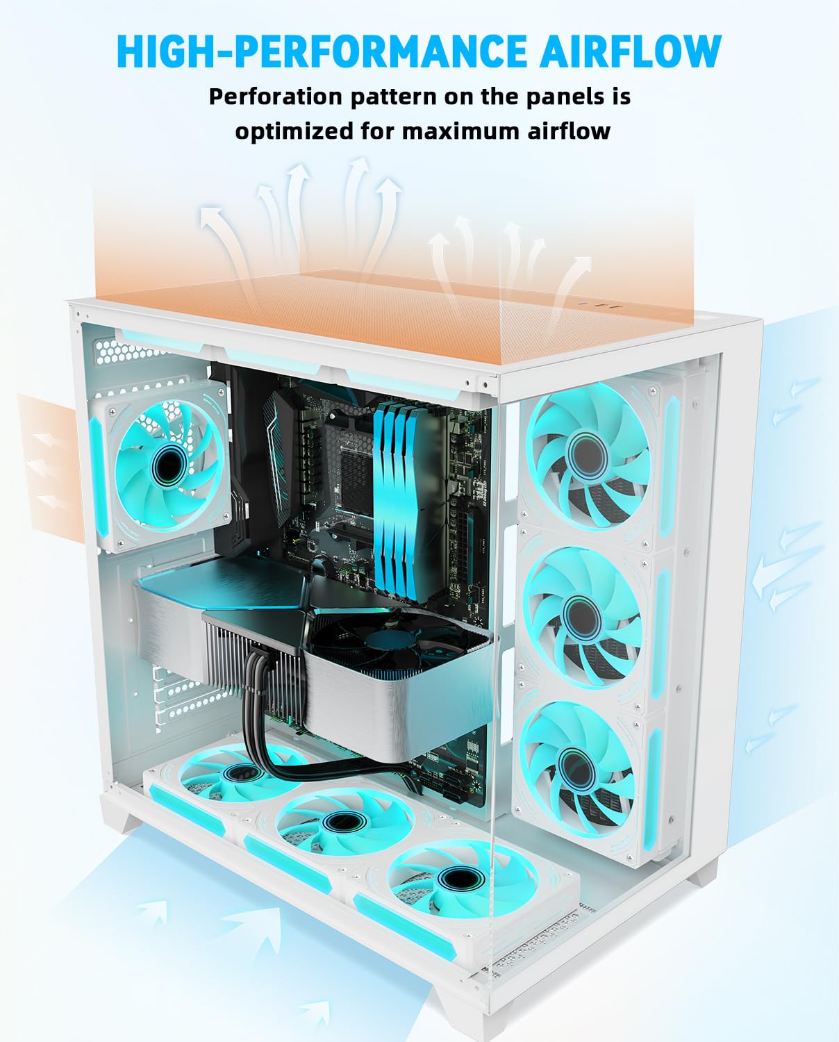 SZD S590 Mid ATX Gaming PC Case, 270° Full View Seamless Tempered, 360mm Radiator Support, High-Airflow Dual-Chamber Computer Tower Case-Fans not Included