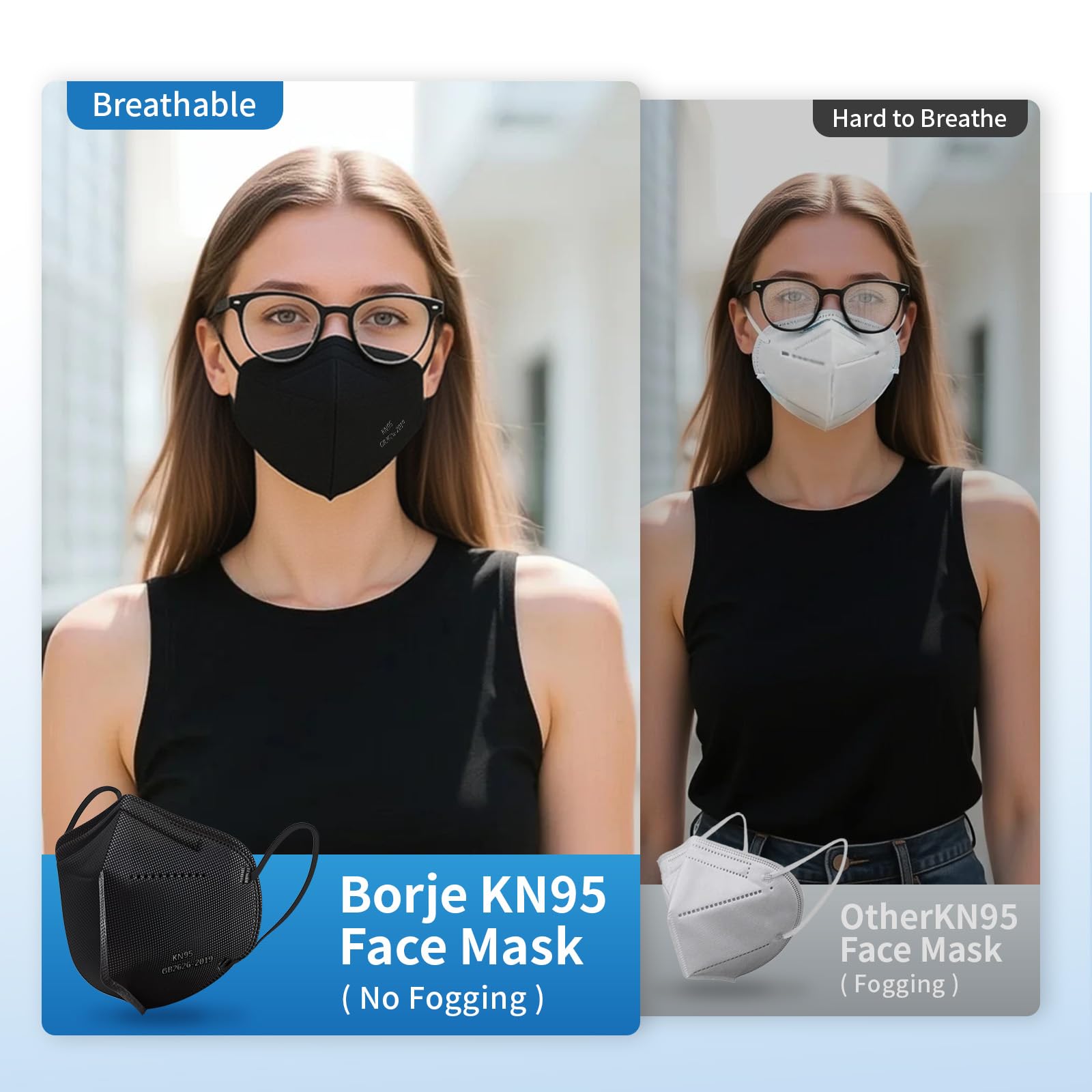 Borje KN95 Face Masks 50 Pcs, Individually Wrapped, 5-Ply Protection Black KN95 Mask, Disposable Face Masks for Adults