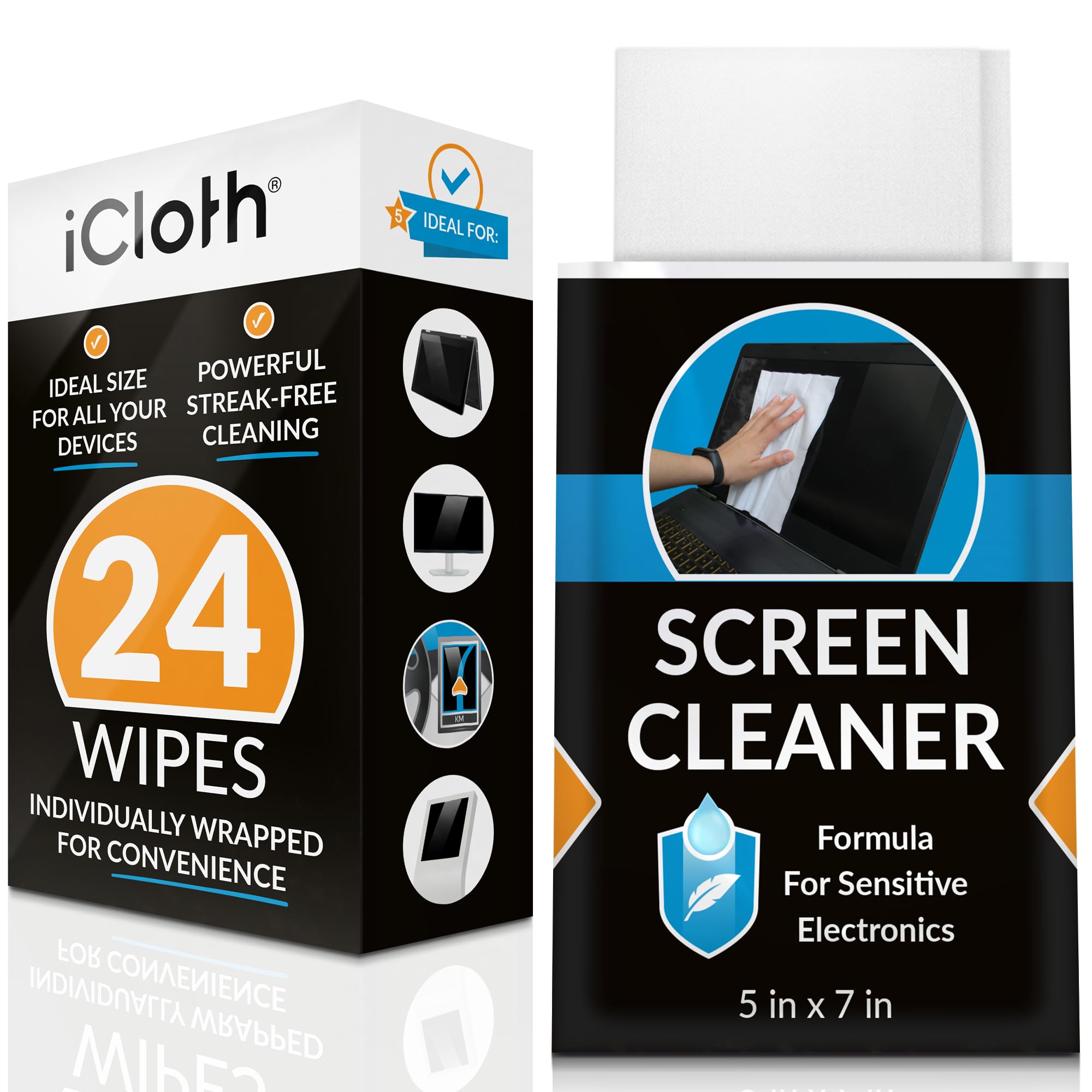 Screen Cleaner Wipes by iCloth – Individually Wrapped – Travel Size – Streak-Free – Clean Your Phone, iPad, Laptop, Computer Screen and More – 24 Wipes (5" x 7")