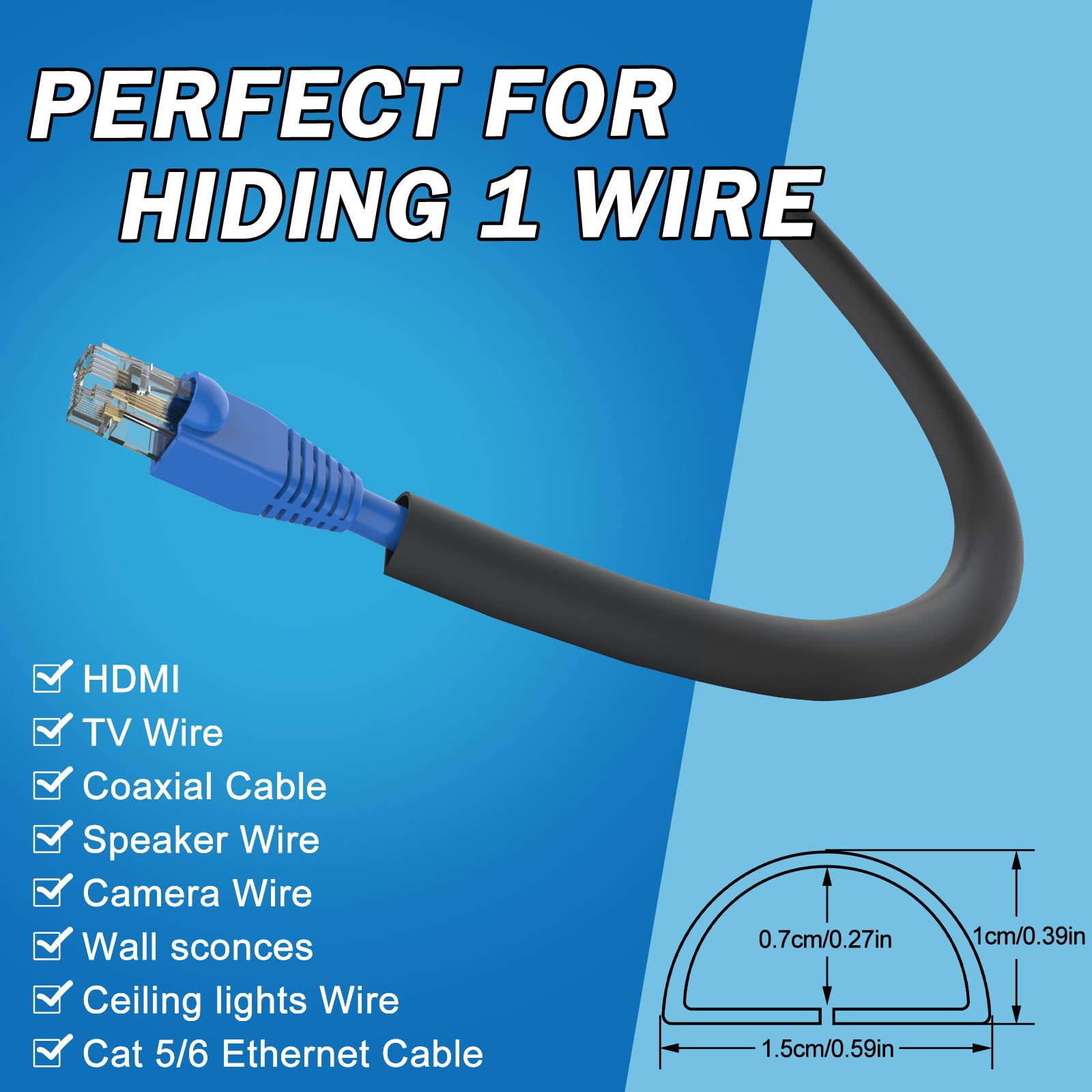 UOMTFAI Wall Cord Hider 196 Inch - Self-Adhesive Wire Cover Raceway for Walls, Flexible PVC Cable Concealer for Home and Office, W0.59 H0.39in - Black