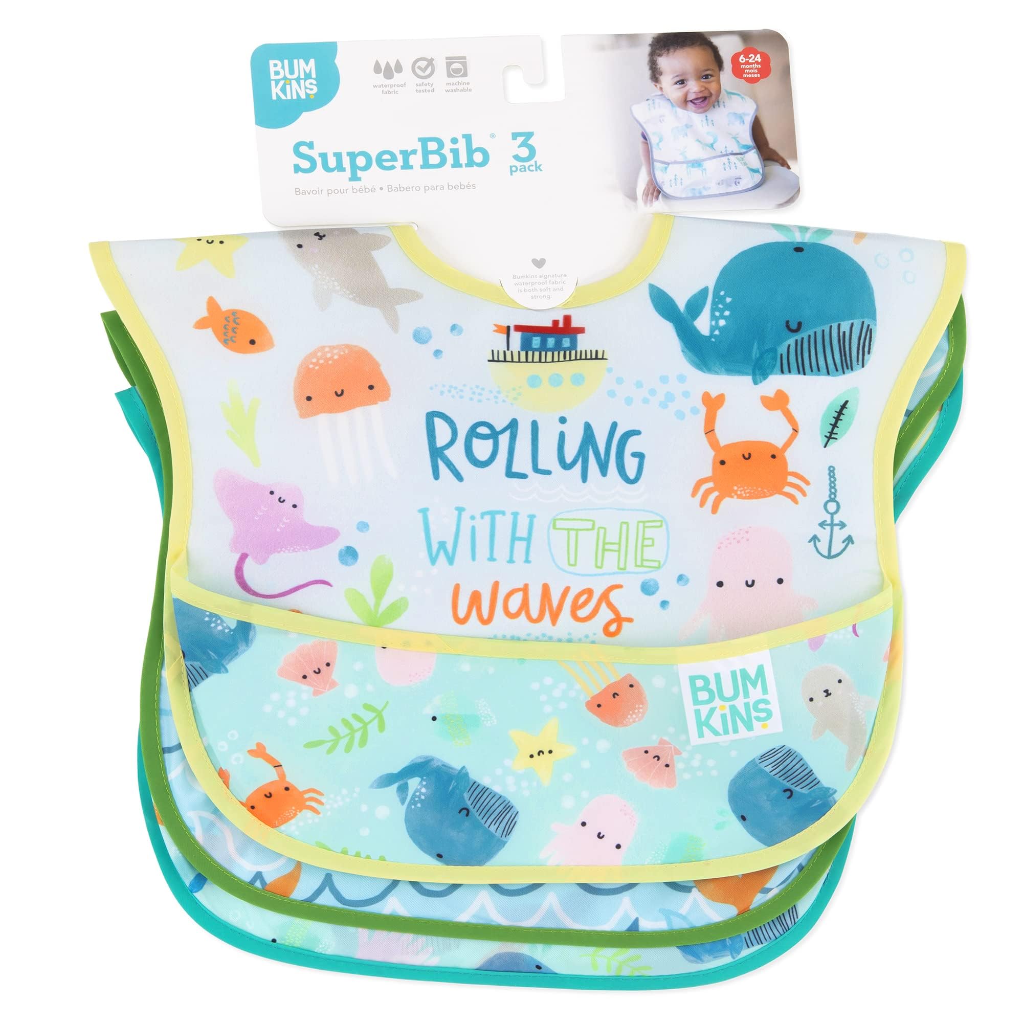 Bumkins Bibs for Girl or Boy, SuperBib Baby and Toddler 6-24 Months, Essential Must Have for Eating, Feeding, Baby Led Weaning Supplies, Mess Saving Catch Food, Waterproof Fabric 3-pk Blue Ocean Life