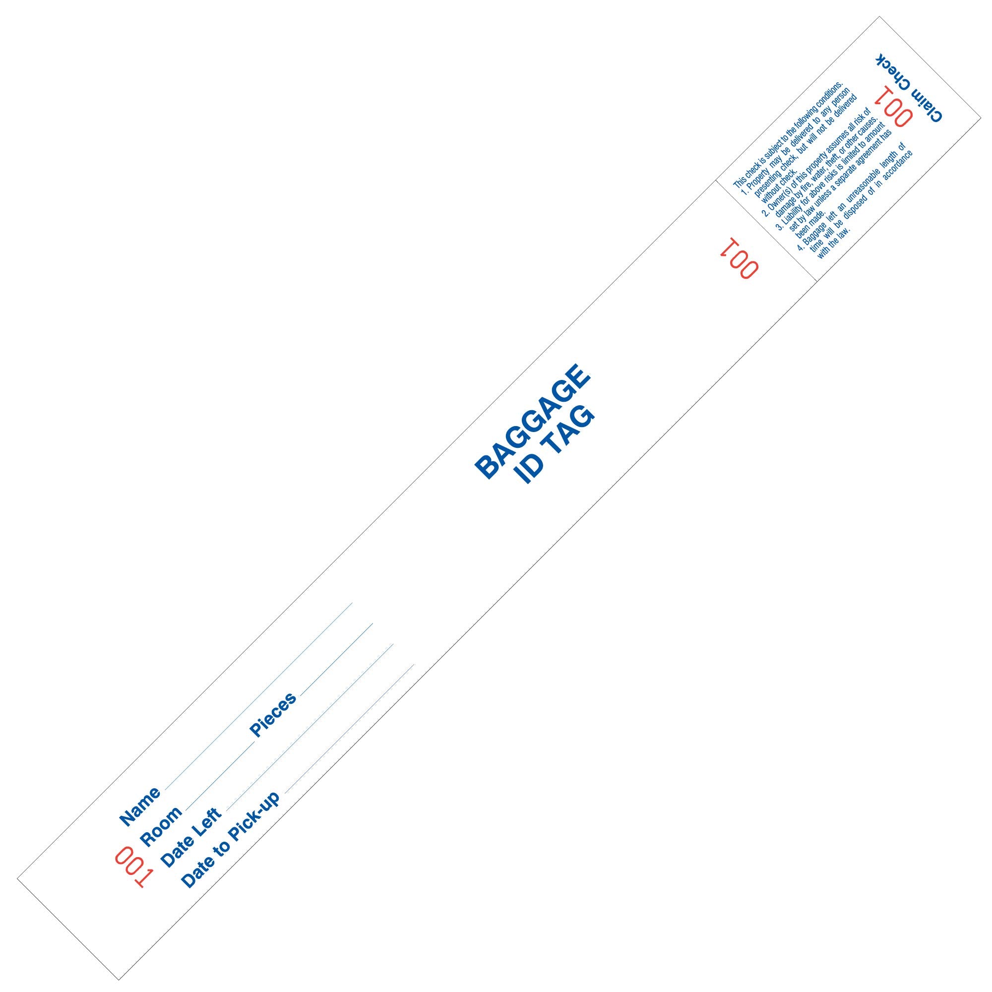1000 Tags Made from Card Stock. Baggage Claim Check Tags with Transfer Tape on back, Printed in Blue with Red Consecutive Numbering from 000 to 999. Bag Identification Tag Size: 10 1/2" (H)x1 1/4" (W)