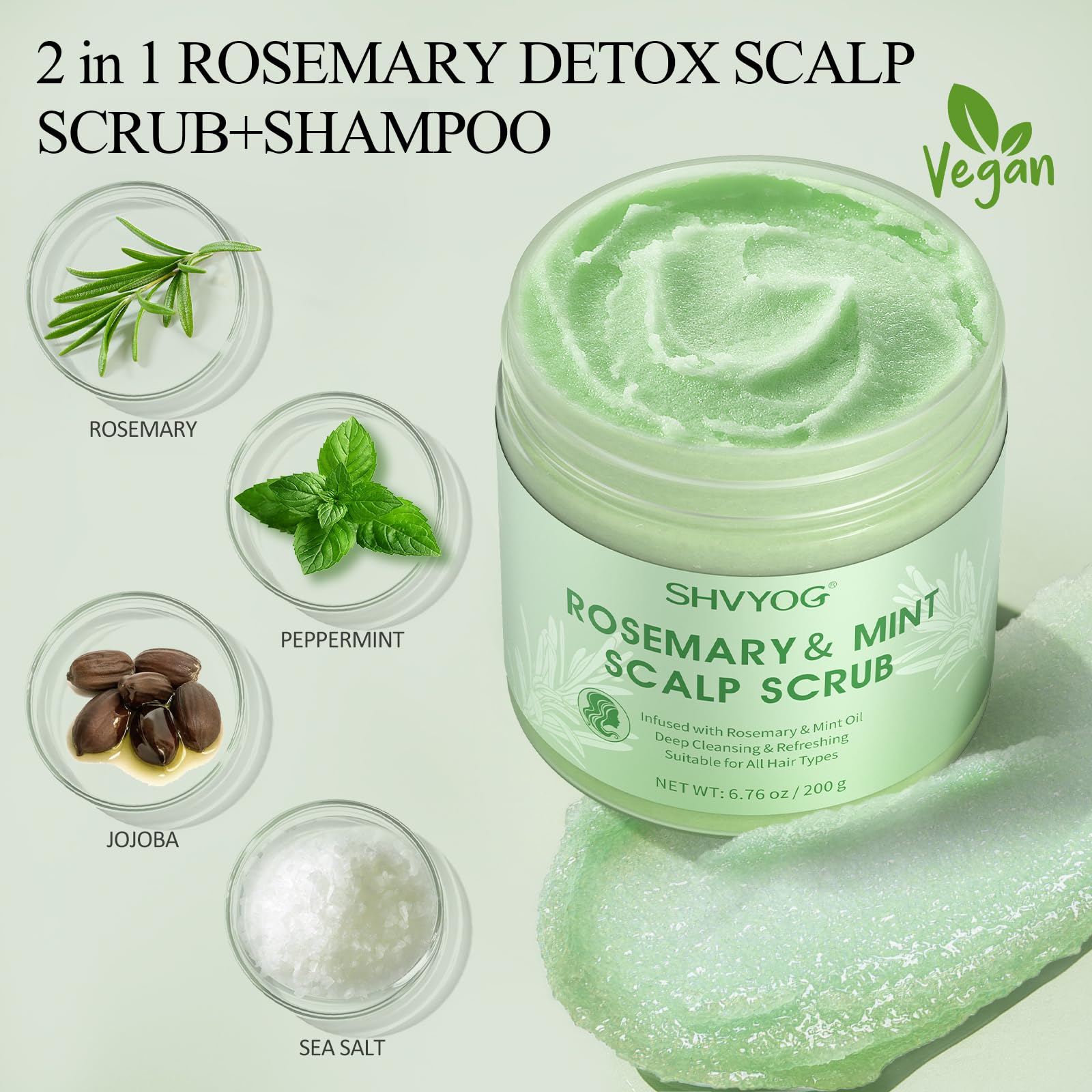 SHVYOG Scalp Scrub, Rosemary Scalp Exfoliator, Scalp Exfoliator Scrub for Build Up, Hair Exfoliate Scrub for Scalp, Hair Treatment Nourishing Detox Hair Care with Scalp Massager, 6.76 oz