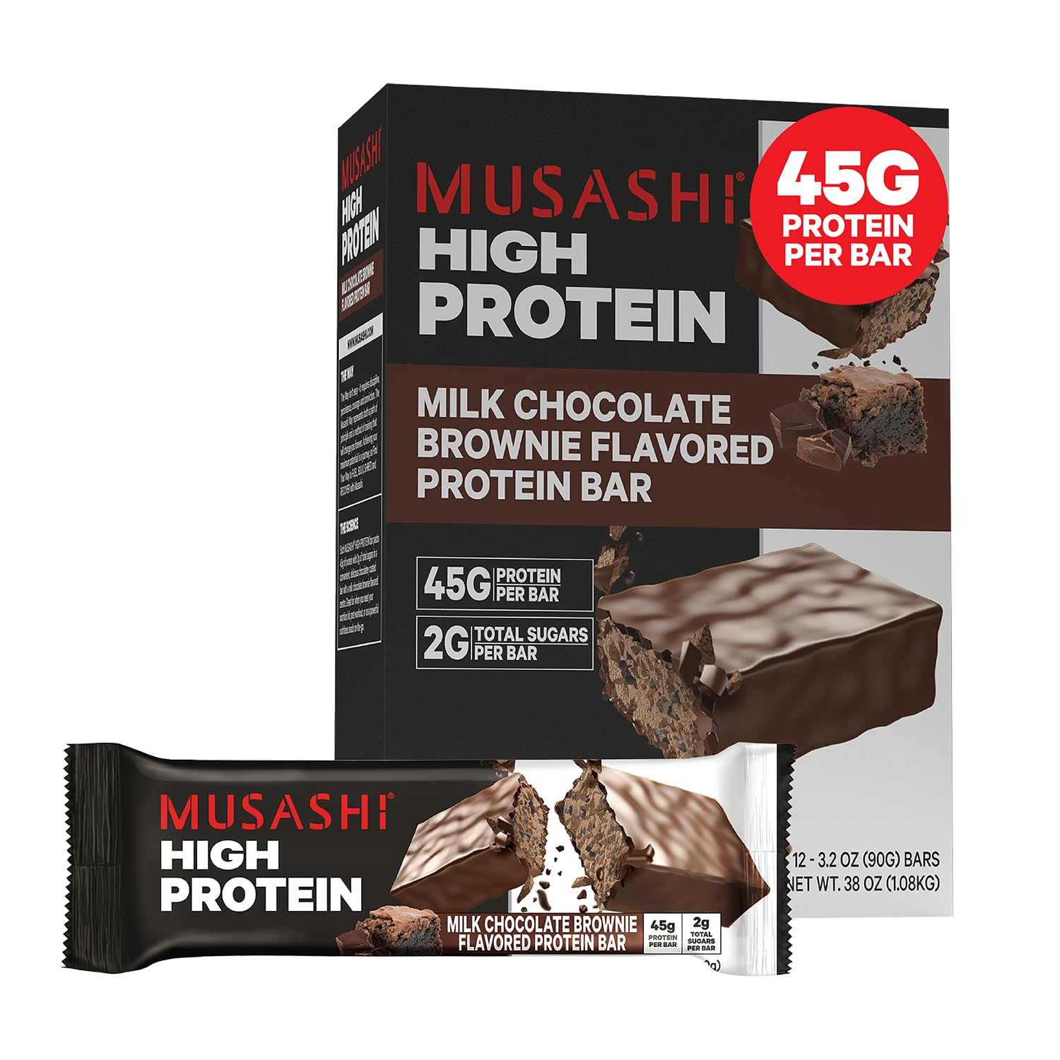 MUSASHI High Protein Bar, 45g Protein, 2g Total Sugars, Milk Chocolate Brownie, Post Workout and Protein Snack On The Go, 12 Pack of 3.2oz (90g) Bars