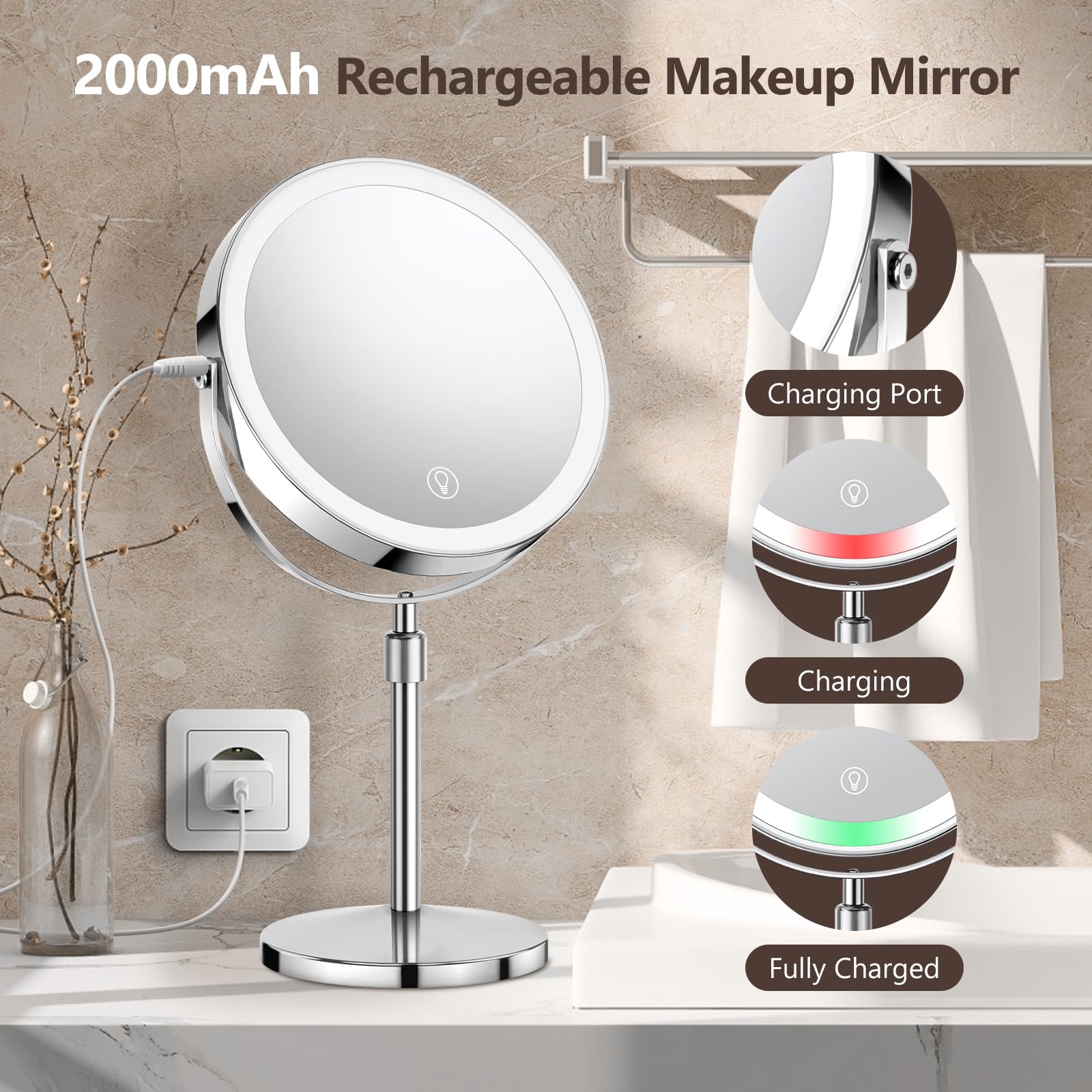 10x Large Lighted Makeup Mirror, Rechargeable 8" Height Adjustable Vanity Mirror, 1x/10x Magnifying Mirror with 3 Color, Brightness Adjustable, 360° Rotation Double Sided Mirror, Gift for Women