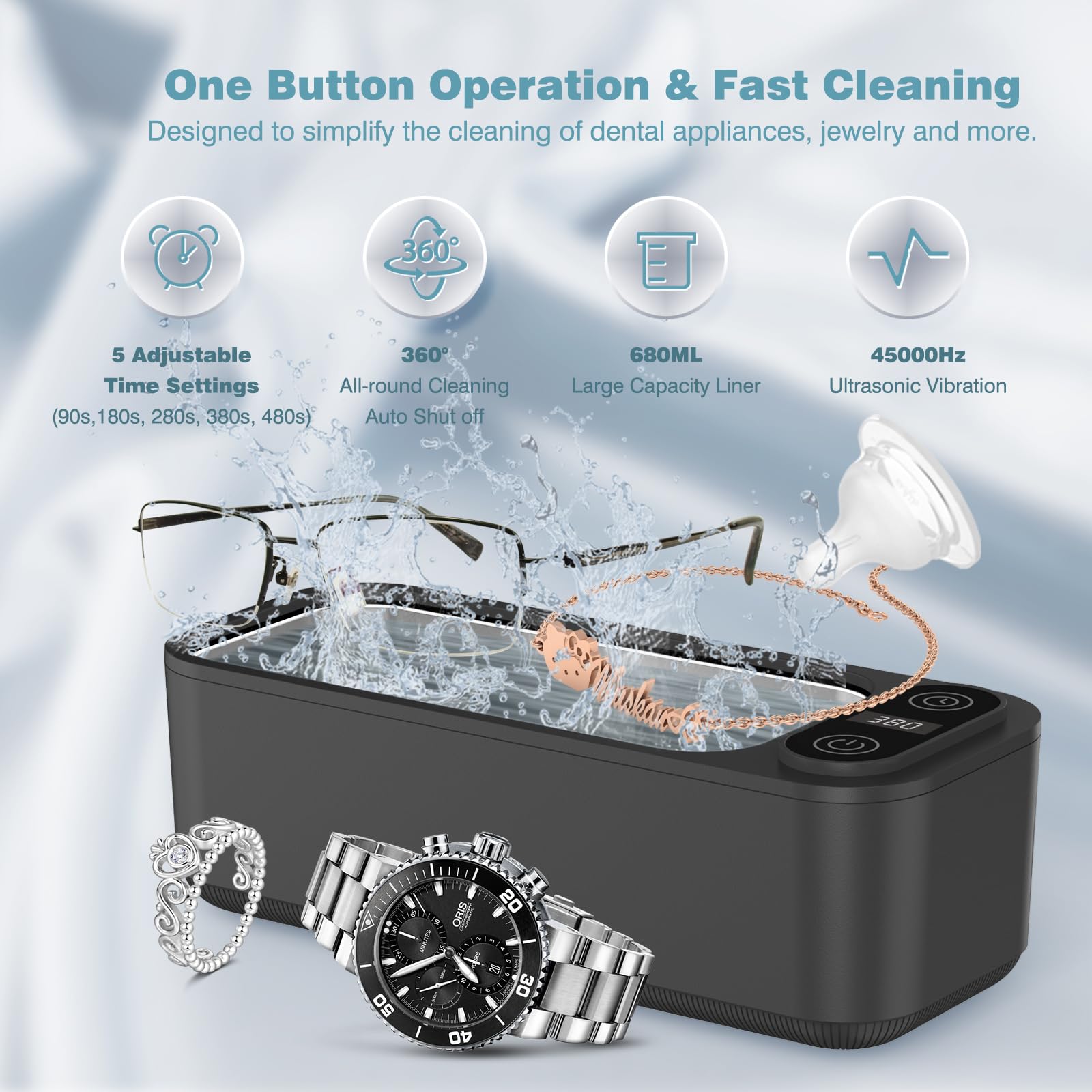 SWAREY Ultrasonic Retainer Cleaner Jewelry Rings Dentures 23oz (680ML) 360° Deep Cleaning 45KHz Professional Lab Ultrasonic Glasses Cleaner with 5 Digital Timer and Watches Stand Sonic Cleaner Machine