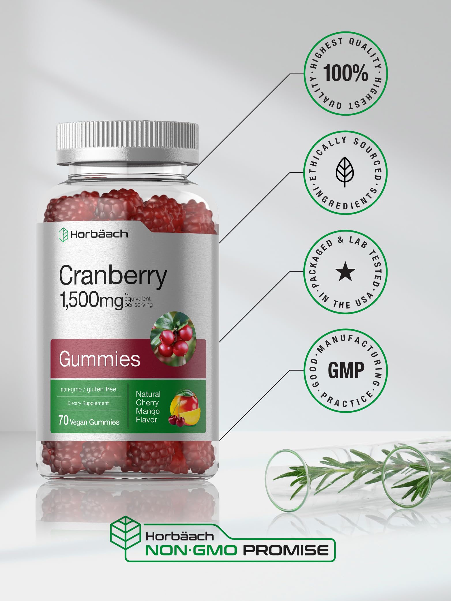 Horbäach Cranberry Gummies | 70 Count | Vegan, Non-GMO, and Gluten Free Supplement | High Potency Extract Formula