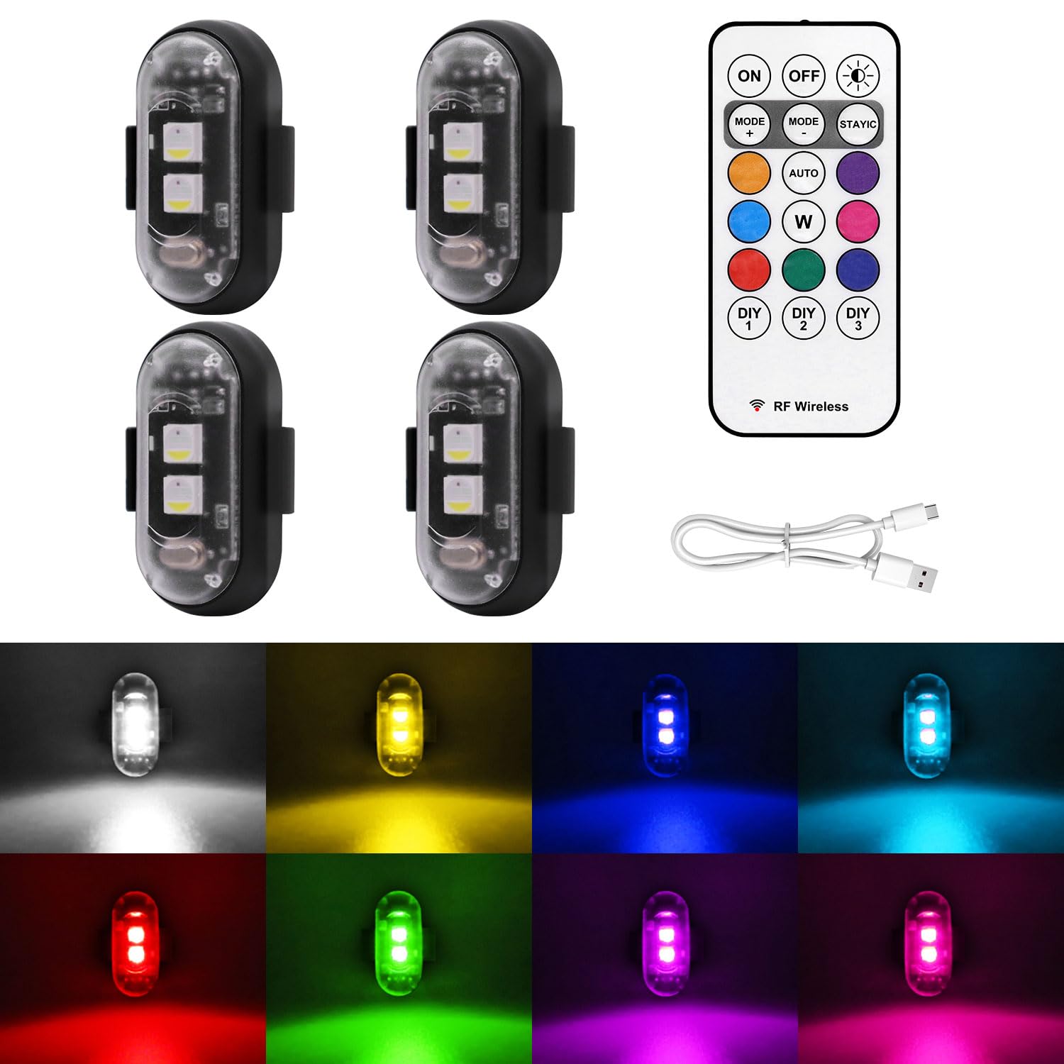 4PCS Wireless LED Strobe Lights with Remote Control, 8 Colors USB Charing Waterproof Anti-Collision Led Emergency Warning Lights for Car Motorcycle Drone Aircraft Bike