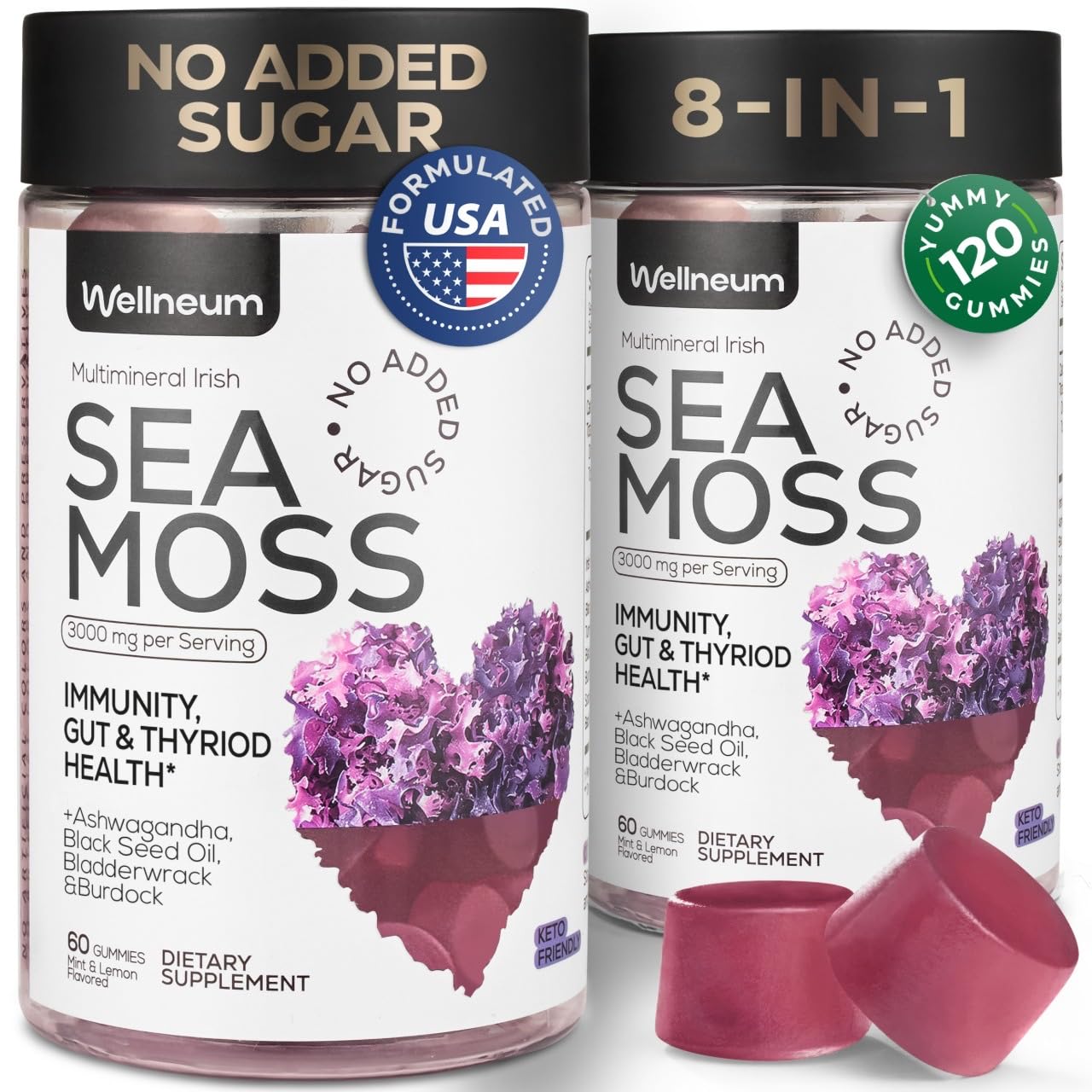 Multimineral Sea Moss Gummies 3000 Mg with Probiotic, Bladderwrack, Black Seed Oil, Ashwagandha, Burdock Root (2 Pack) - Irish Seamoss for Immunity, Thyroid and Gut Health - Vegan, Sugar Free