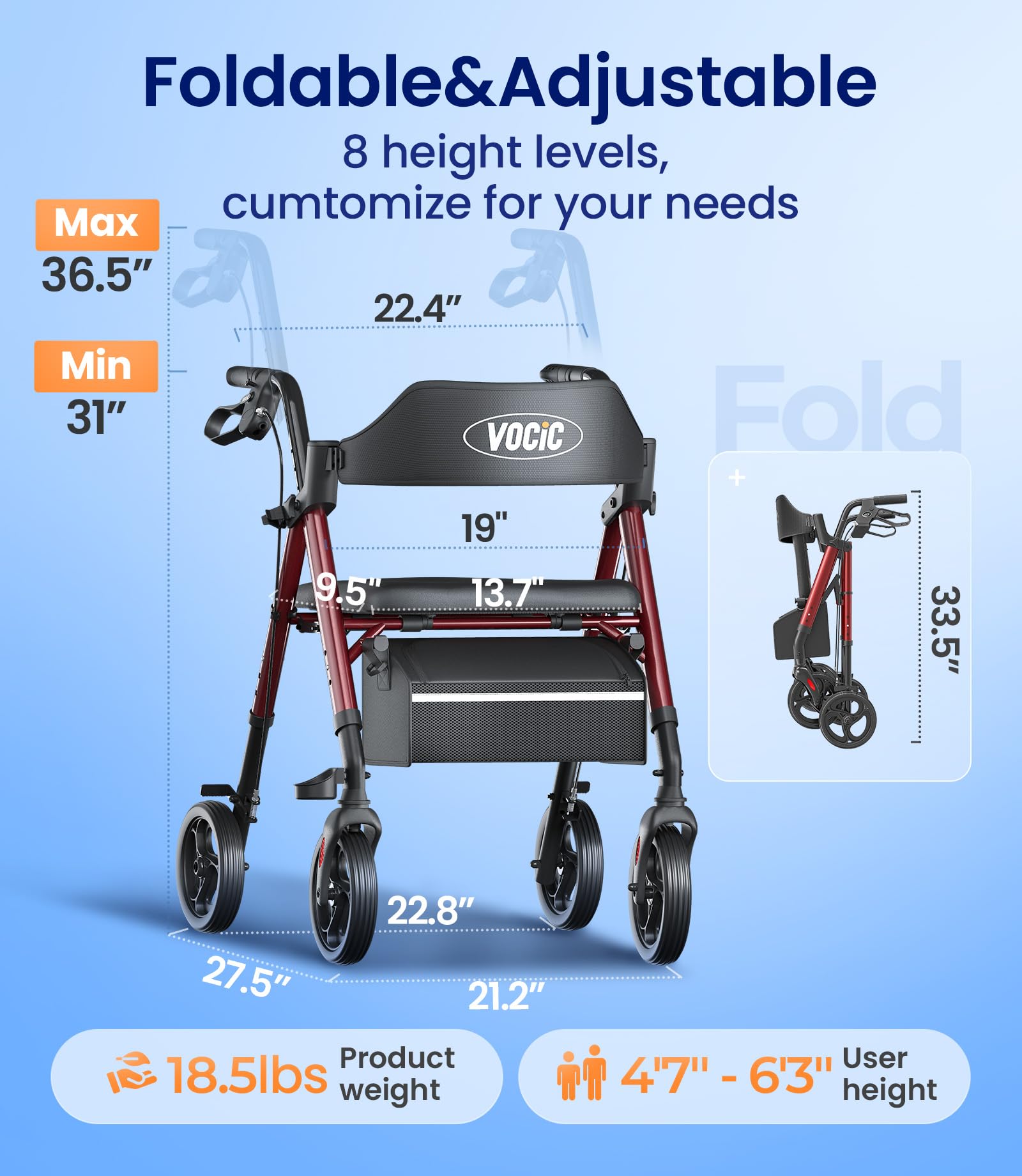 VOCIC Walkers for Seniors, Z21 Rollator Walker with Seat Supports 350lb, 8" Big Wheels for All Terrain, Ergonomic Arc Seat & 6" Ultra Backrest Foldable Walker, Dual Height Adjustment, Lightweight 2025