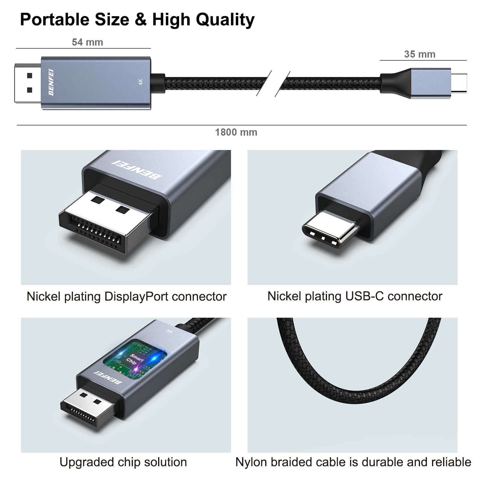 BENFEI USB-C to DisplayPort 6 Feet Cable(8K@60Hz 4K@144Hz), USB Type-C to DisplayPort Cable [Thunderbolt 3/4/5 Compatible] with iPhone 15 Pro/Max, MacBook Pro/Air 2023, iPad Pro, iMac, S23, XPS 17