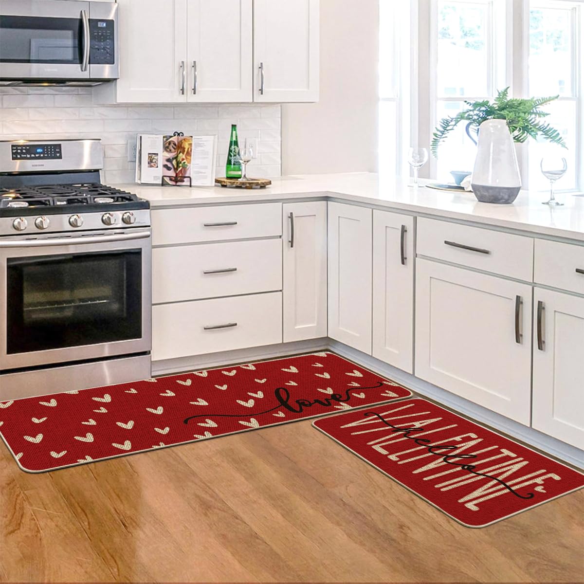 Artoid Mode Red Love Heart Hello Valentine's Day Kitchen Mats Set of 2, Home Decor Low-Profile Kitchen Rugs for Floor - 17x29 and 17x47 Inch