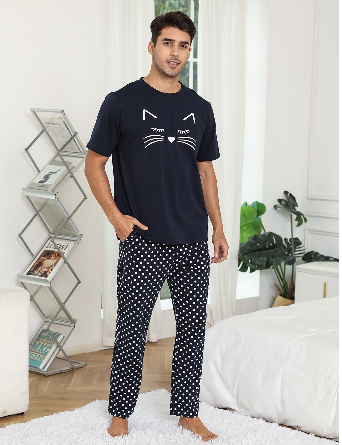 EISHOPEER Men's Cotton Cute Printed Sleepwear Top & Long Sleeve Bottom Pajama Lounge Set Navy Blue Large